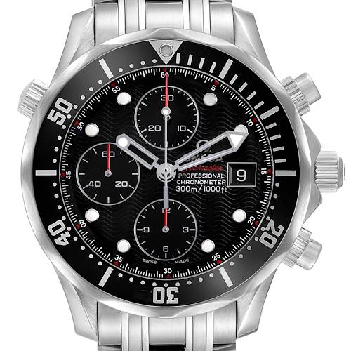 The Omega Seamaster 213.30.42.40.01.001 Mens Stainless Steel Black Dial watch is shown from a front angle, featuring its stainless steel band, black dial, and chronograph sub-dials.