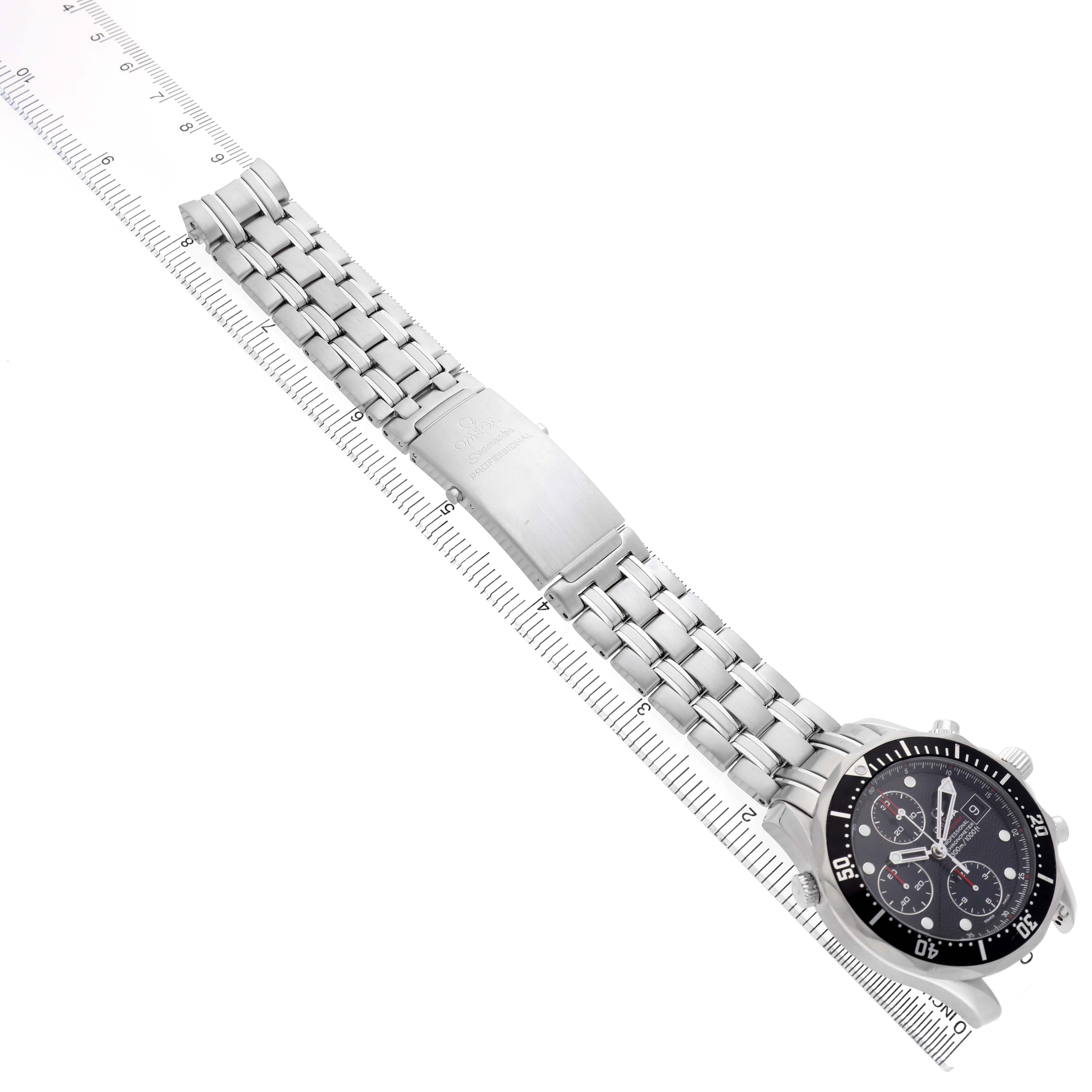 The Omega Seamaster 213.30.42.40.01.001 Men's Stainless Steel Black Dial watch is shown at an angled top view, displaying the bracelet, clasp, and black dial with chronograph features.
