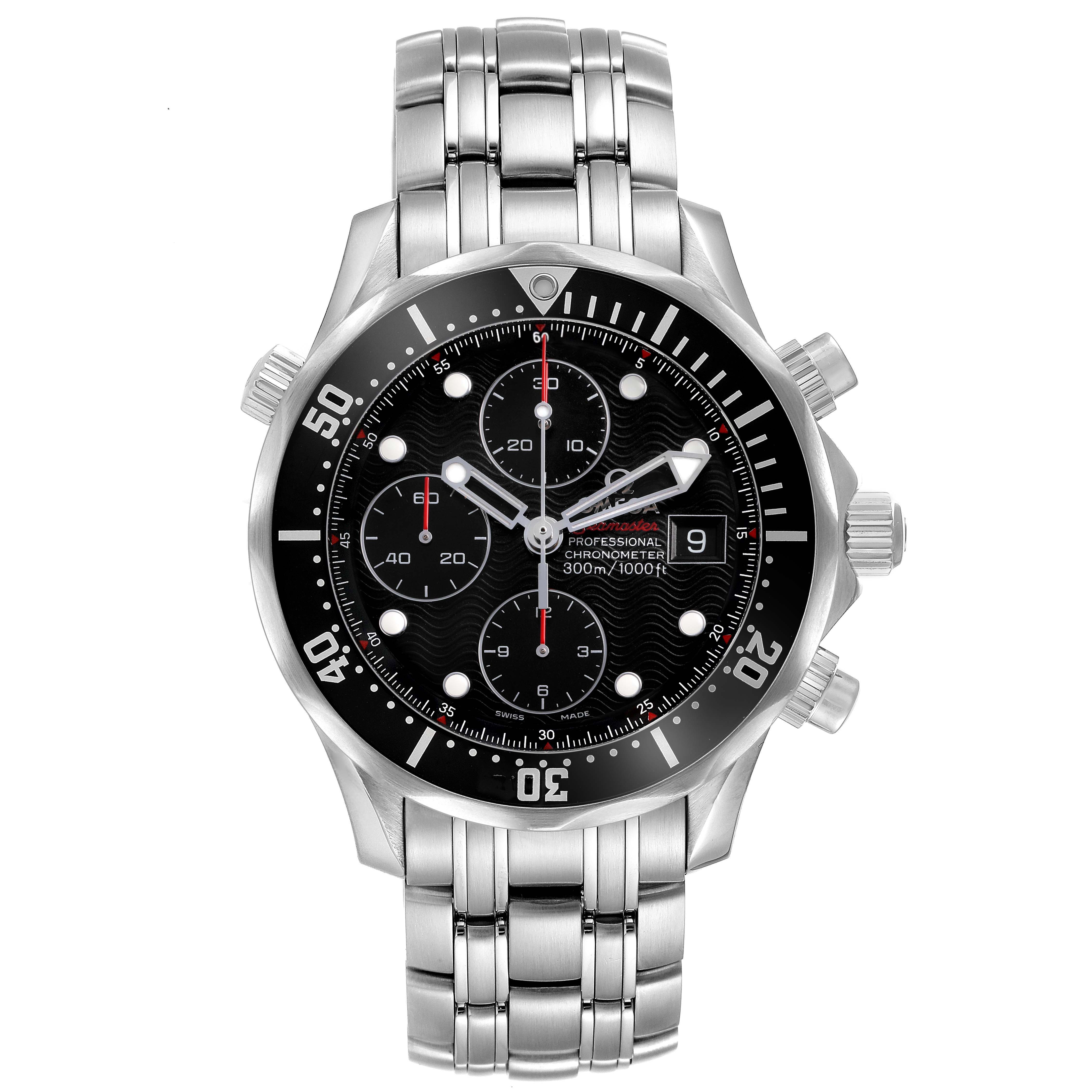 The Omega Seamaster 213.30.42.40.01.001 Men's Stainless Steel Black Dial watch is shown from a top view, featuring the dial, bezel, and bracelet.