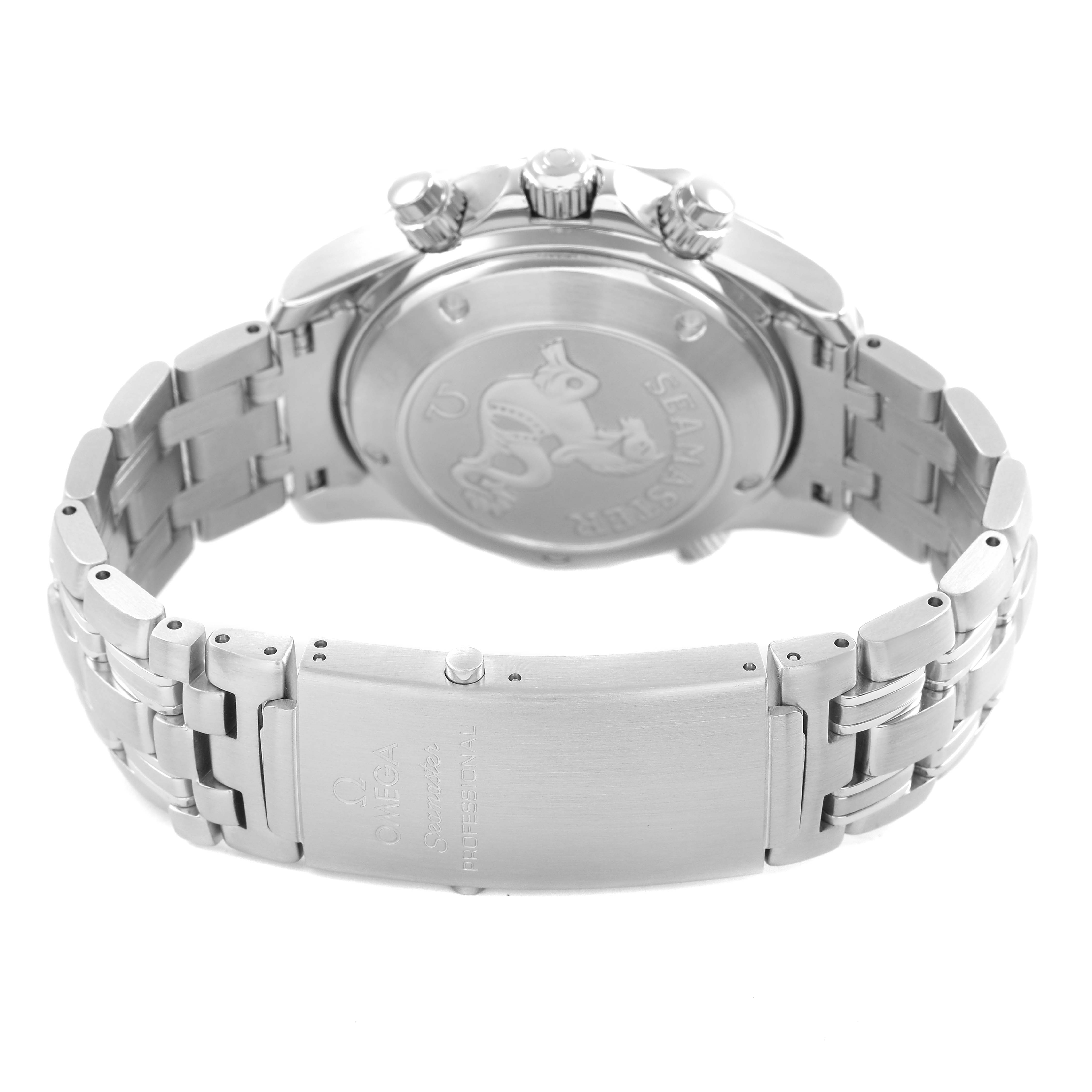 The image shows the back and bracelet of an Omega Seamaster 213.30.42.40.01.001 Men's Stainless Steel Black Dial, highlighting the clasp and case back engravings.