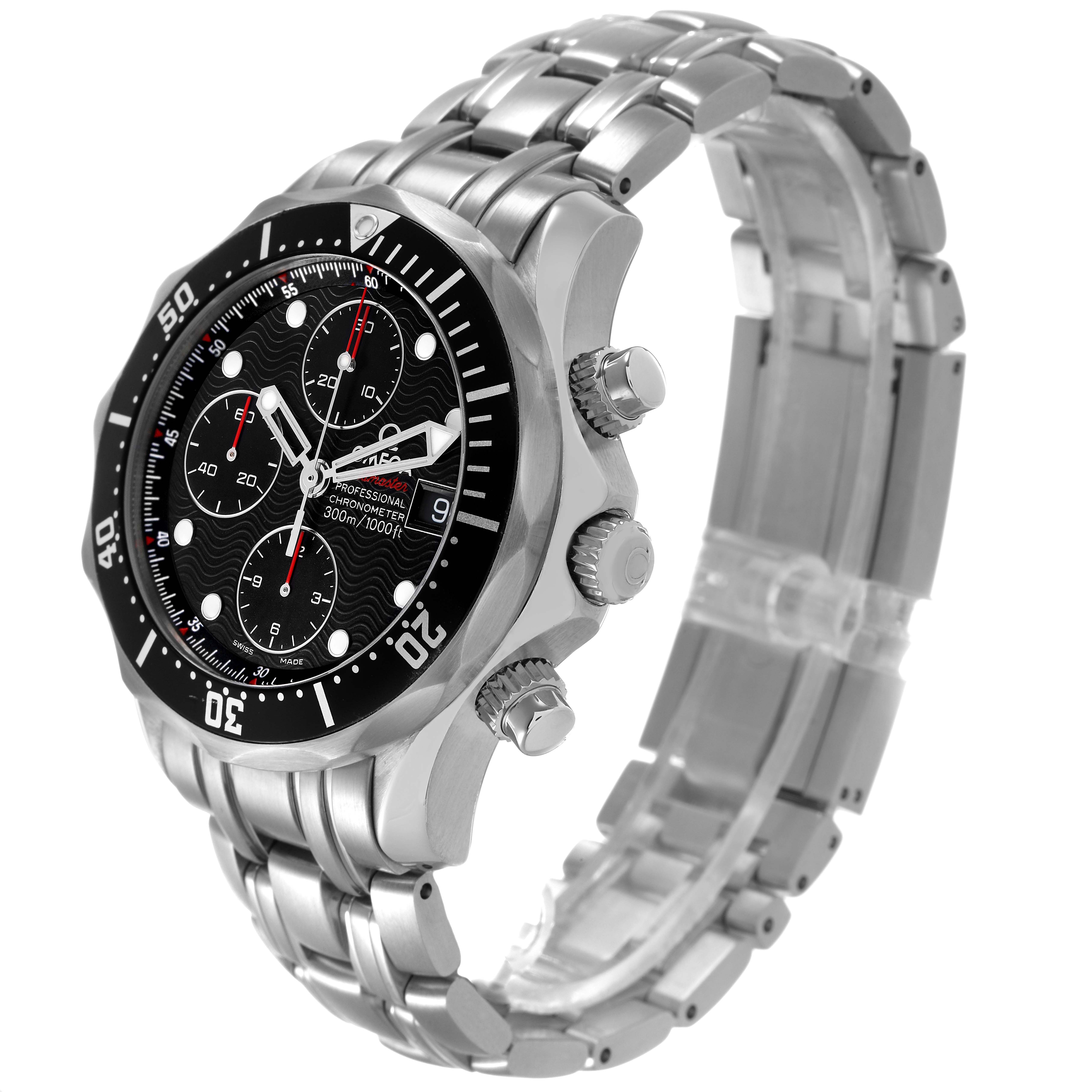 The Omega Seamaster 213.30.42.40.01.001 Men's Stainless Steel Black Dial watch is shown at a three-quarter angle displaying the face, bezel, crown, and bracelet.