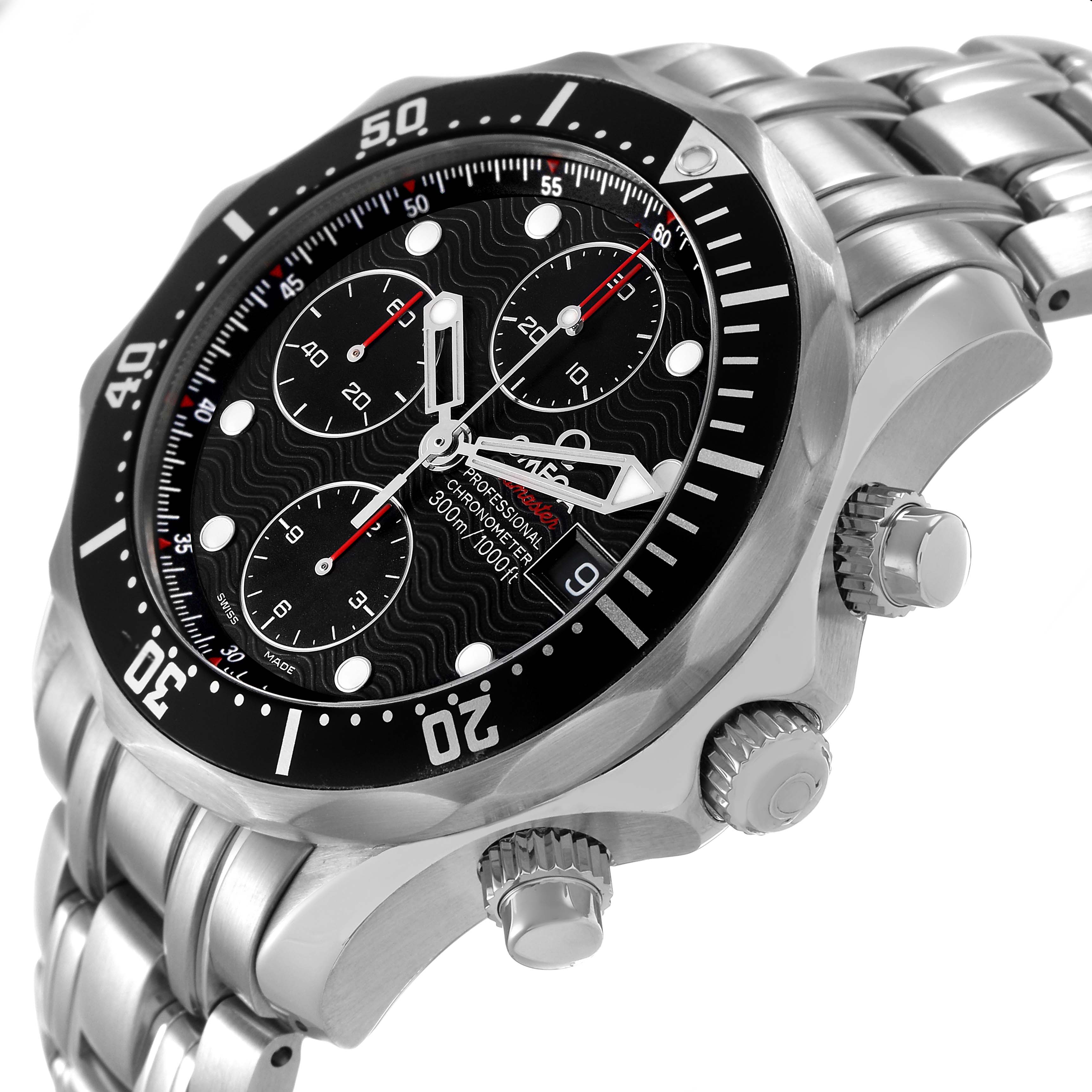 The Omega Seamaster 213.30.42.40.01.001 Men's Stainless Steel Black Dial watch is shown at an angle highlighting the face, bezel, crown, and part of the metal bracelet.