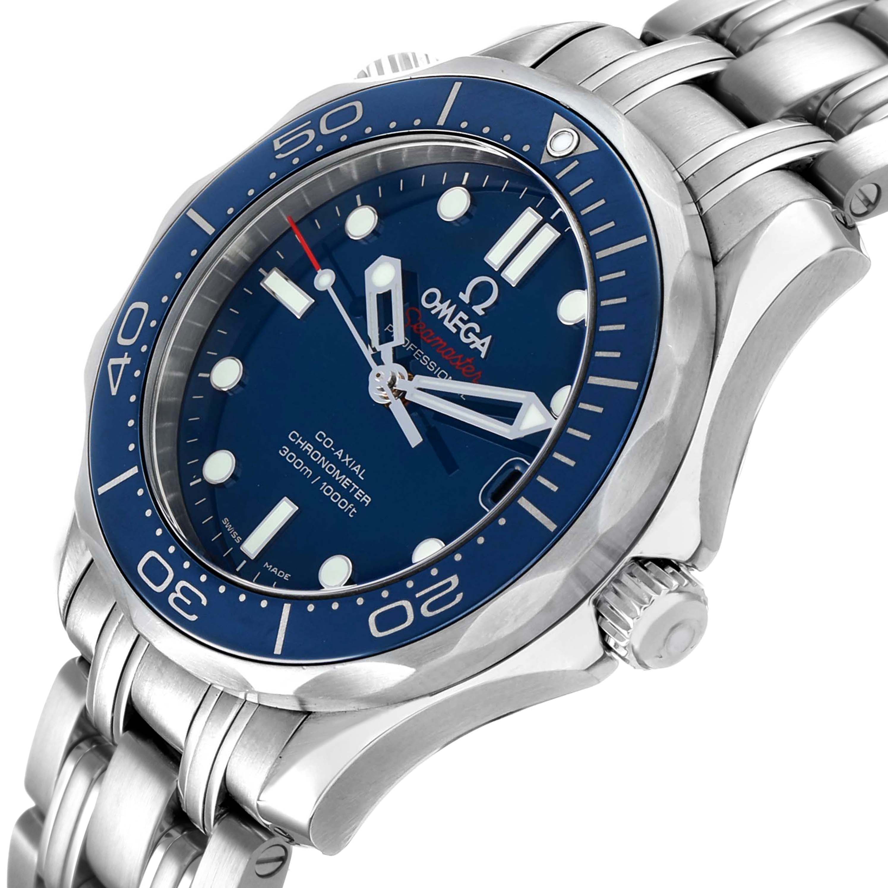 The Omega Seamaster 212.30.36.20.03.001 Men's Stainless Steel Blue Dial watch is angled to show the face, bezel, bracelet, and crown, highlighting its stainless steel construction.