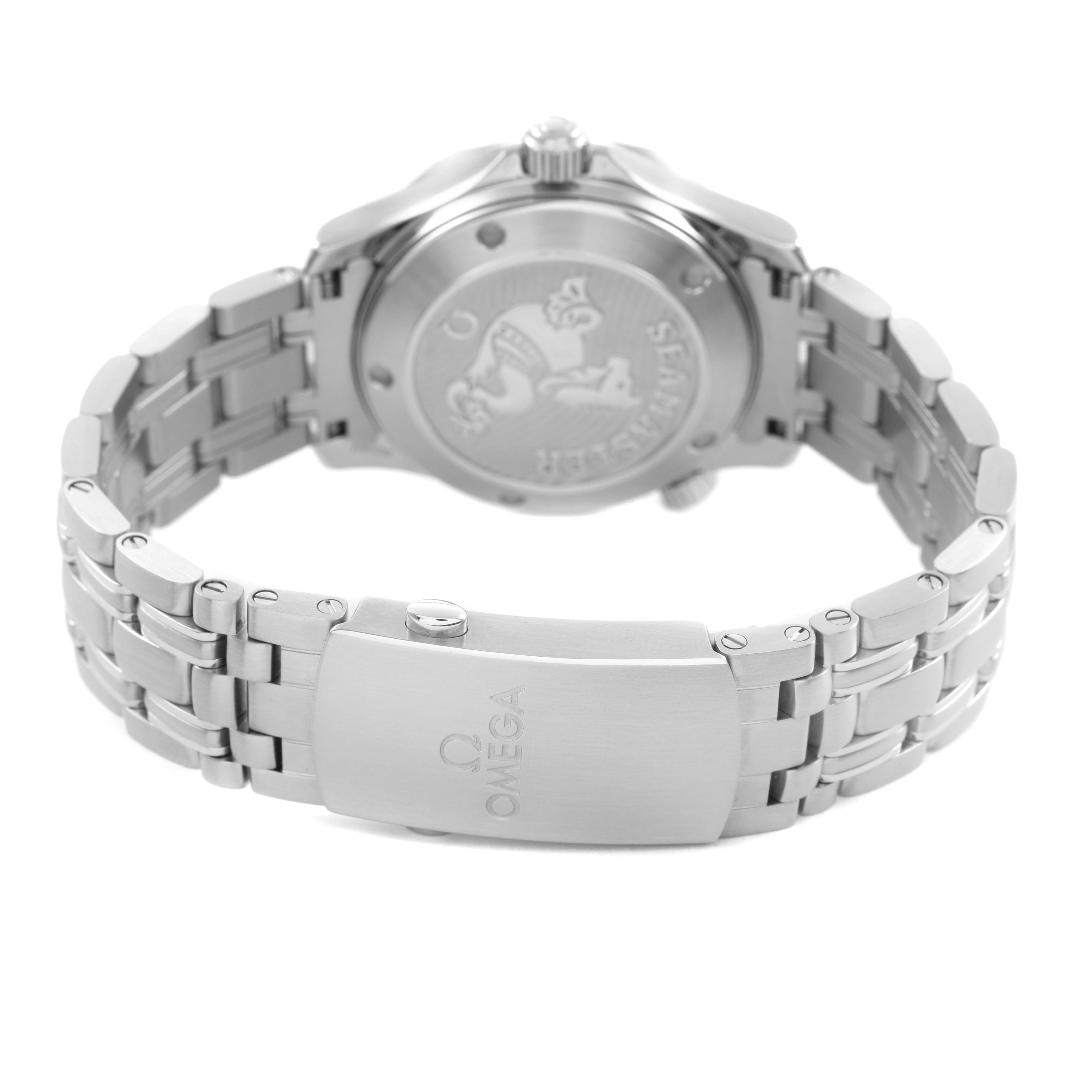 The image shows the back of an Omega Seamaster 212.30.36.20.03.001 Men's Stainless Steel Blue Dial, highlighting the bracelet and clasp with the logo.