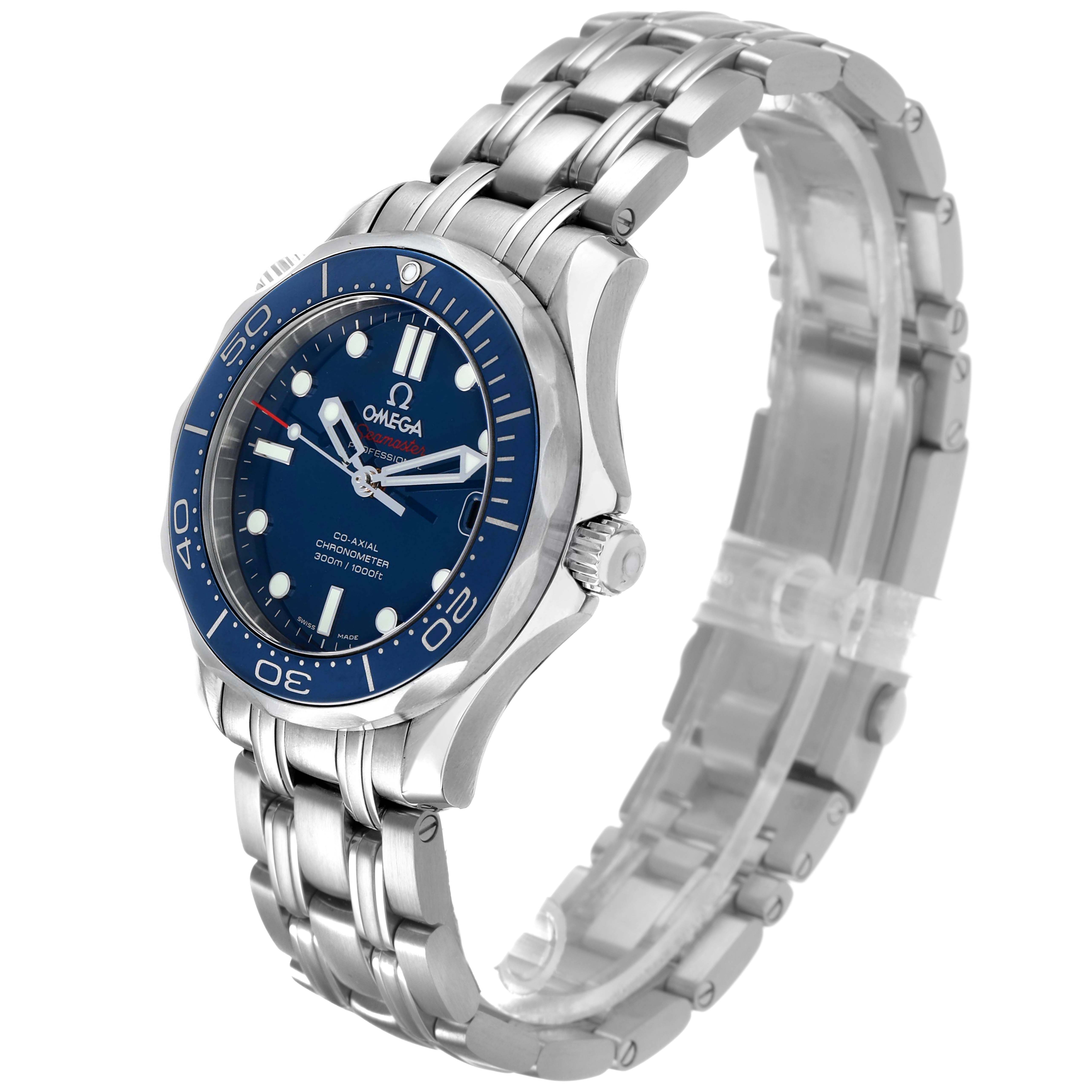 This image shows the Omega Seamaster 212.30.36.20.03.001 Men's Stainless Steel Blue Dial watch from a three-quarter angle, highlighting the face, bezel, crown, and part of the bracelet.