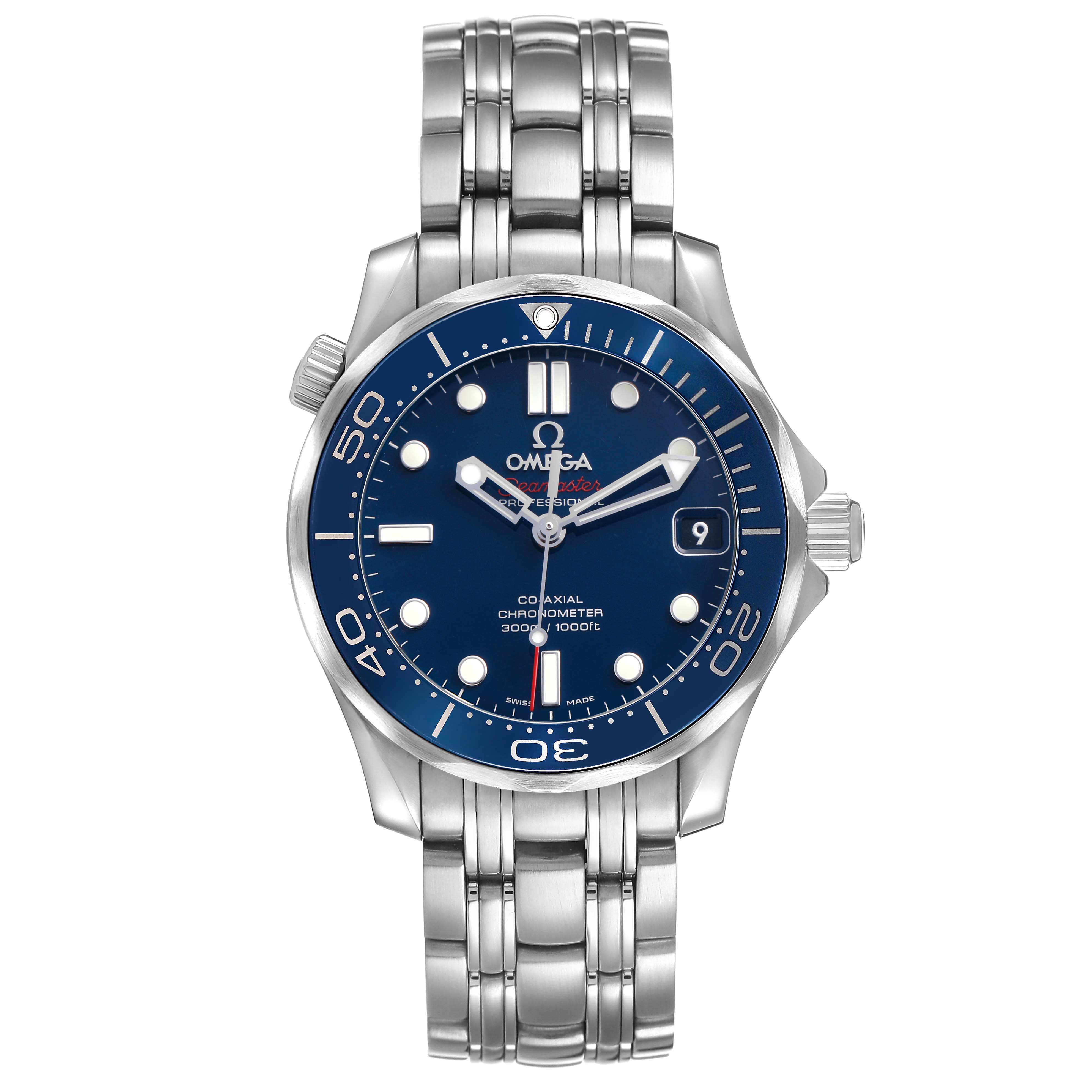 The Omega Seamaster 212.30.36.20.03.001 Men's Stainless Steel Blue Dial watch is shown from a top-down angle, displaying its blue dial, stainless steel bezel, and bracelet.