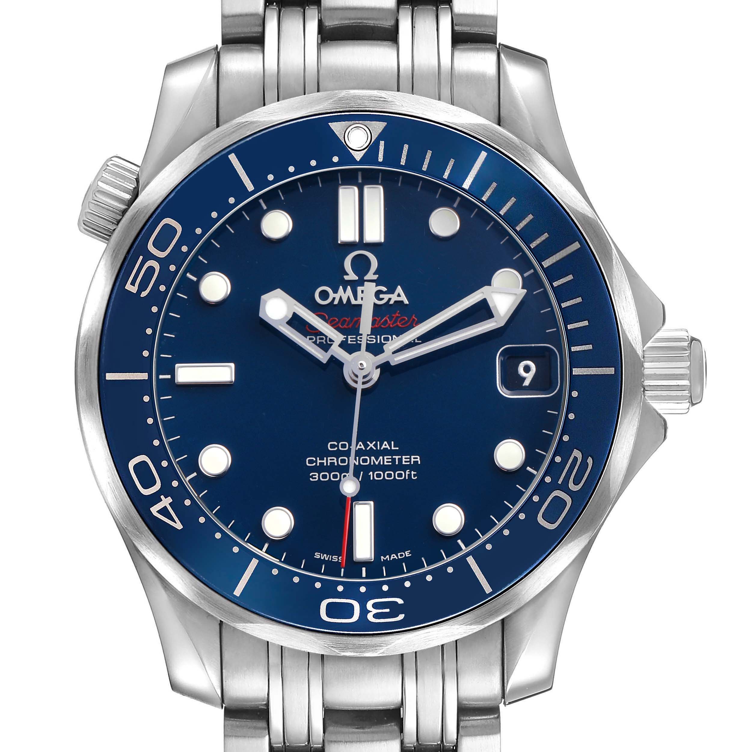 The Omega Seamaster 212.30.36.20.03.001 Men's Stainless Steel Blue Dial watch is shown from a front angle, displaying its blue dial, bezel, date window, and stainless steel bracelet.