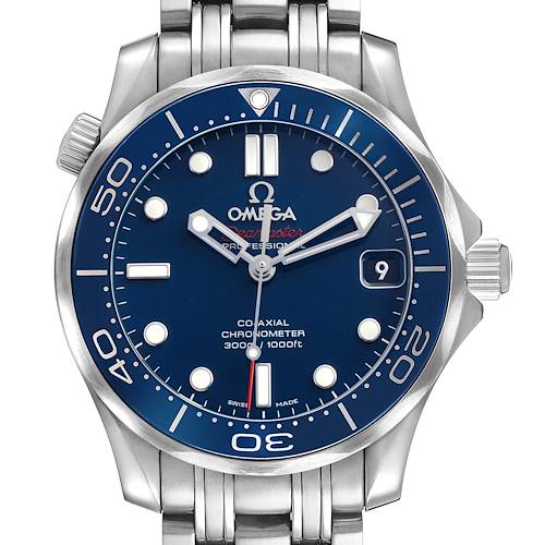 The image shows a frontal view of the Omega Seamaster 212.30.36.20.03.001 Mens Stainless Steel Blue Dial watch, highlighting the dial, bezel, hands, crown, and bracelet.