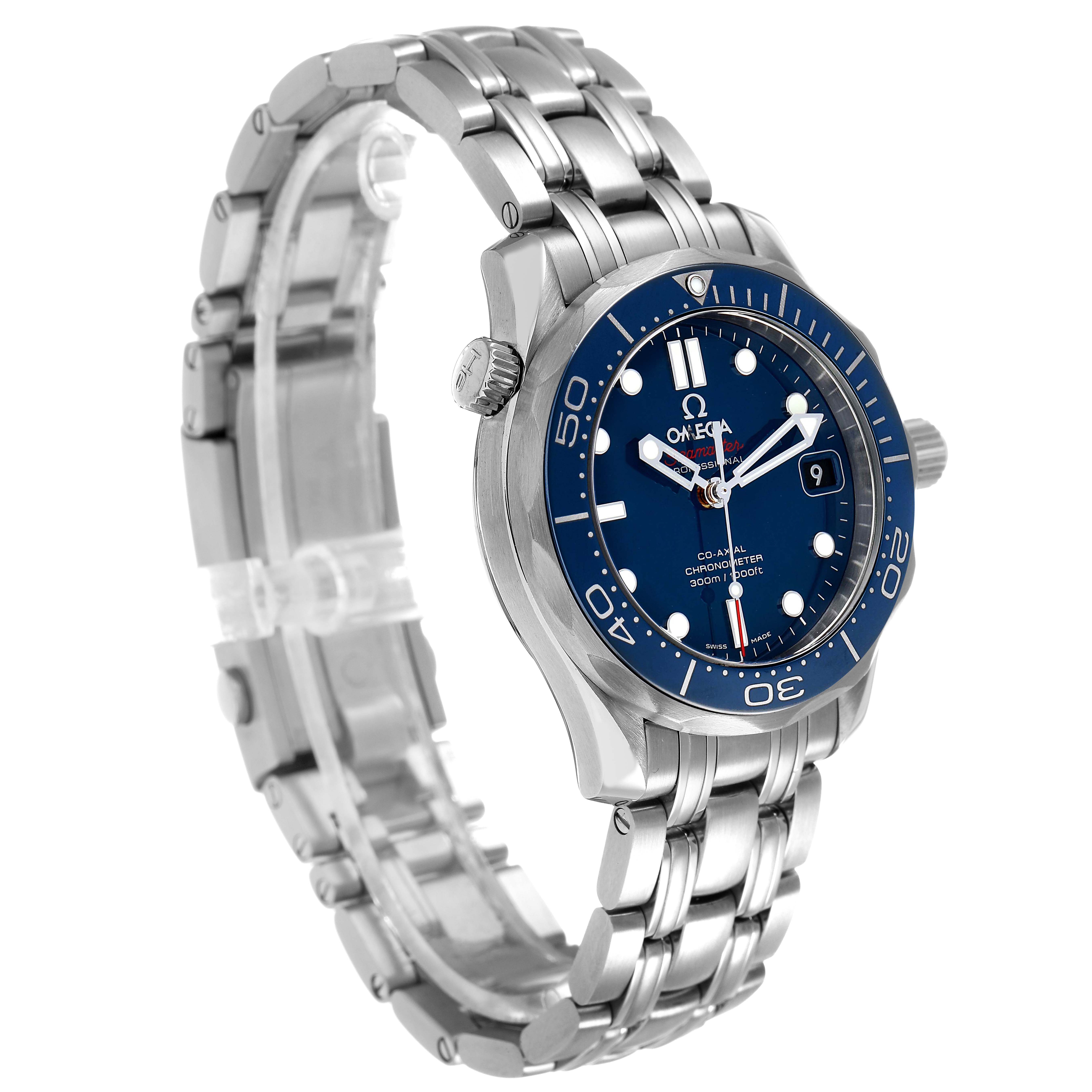 The Omega Seamaster 212.30.36.20.03.001 Men's Stainless Steel Blue Dial watch is shown at a three-quarter angle, highlighting the face, bezel, lugs, and part of the bracelet.