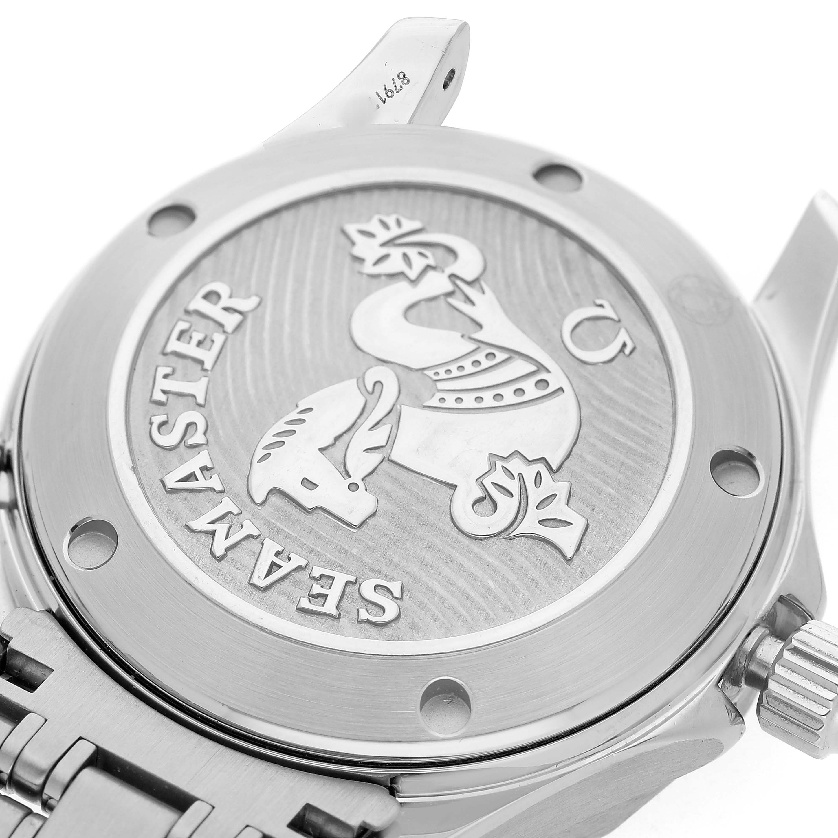 The image shows the back view of an Omega Seamaster 212.30.36.20.03.001 Men's Stainless Steel Blue Dial, highlighting the engraved back case design.