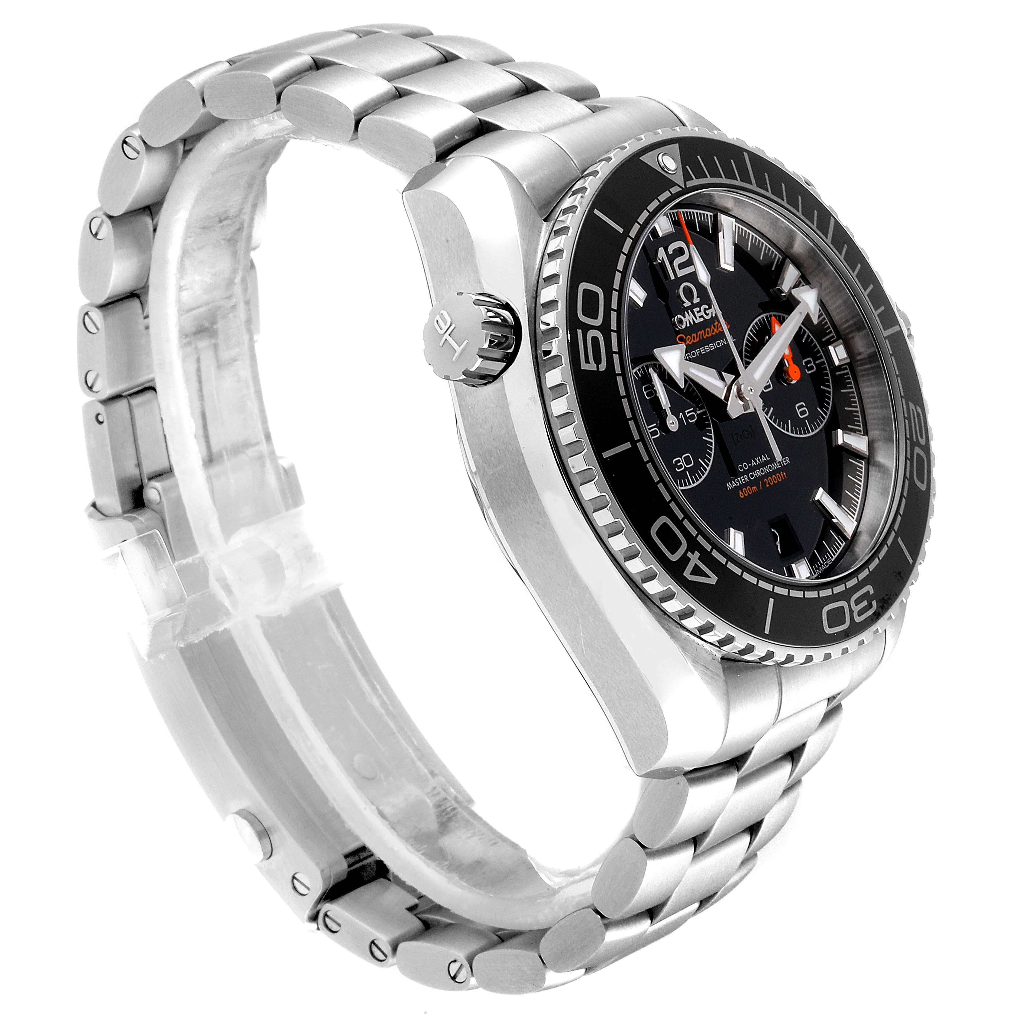 The Omega Planet Ocean 215.30.46.51.01.001 Men
s Stainless Steel Black Dial 215.30.46.51.01.001 Men
s Stainless Steel Black Dial watch is shown at a slight angle from the left, highlighting its bezel, crown, and metal bracelet.