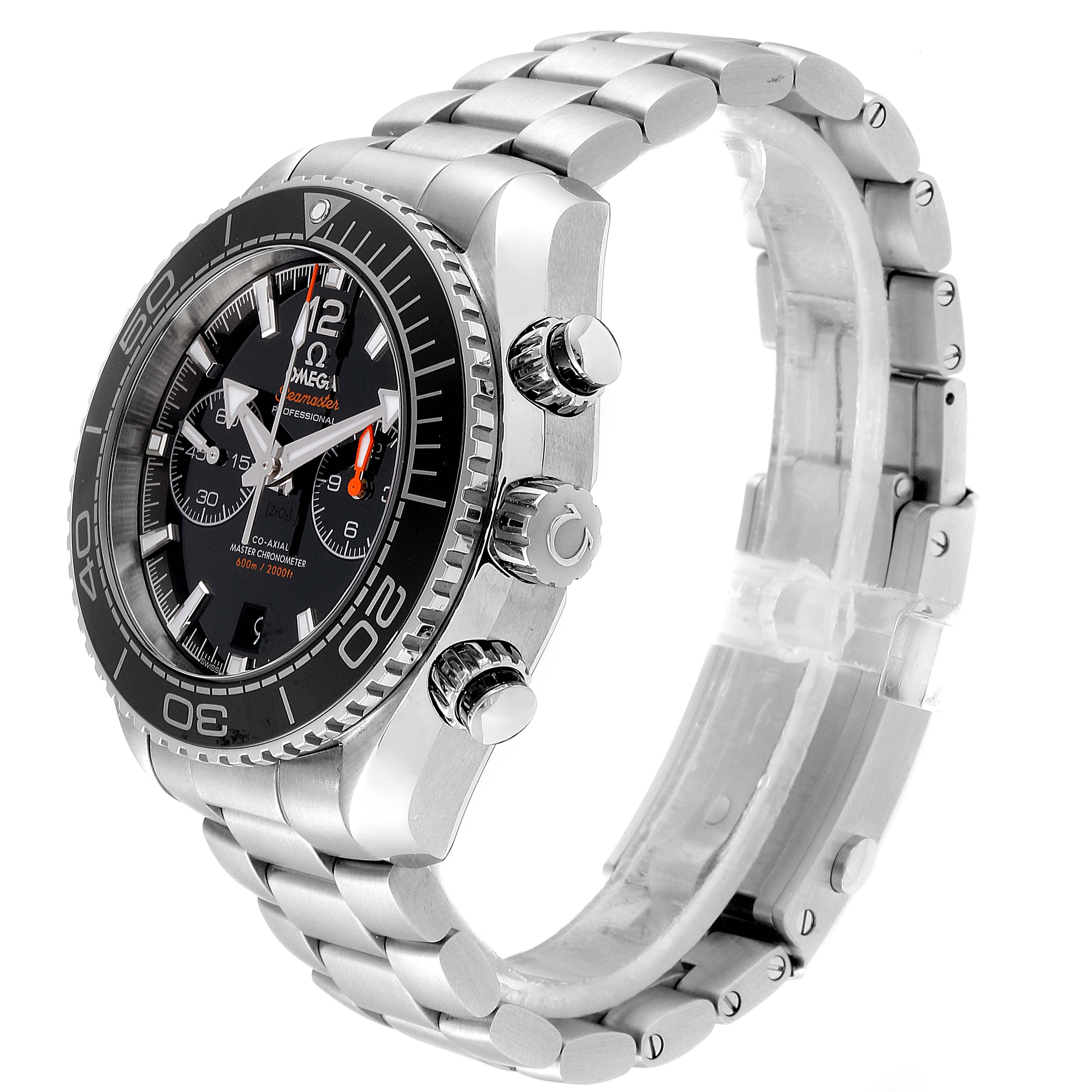 The image shows a side angle of the Omega Planet Ocean 215.30.46.51.01.001 Men
s Stainless Steel Black Dial 215.30.46.51.01.001 Men
s Stainless Steel Black Dial watch, highlighting its case, bezel, crown, pushers, and bracelet.