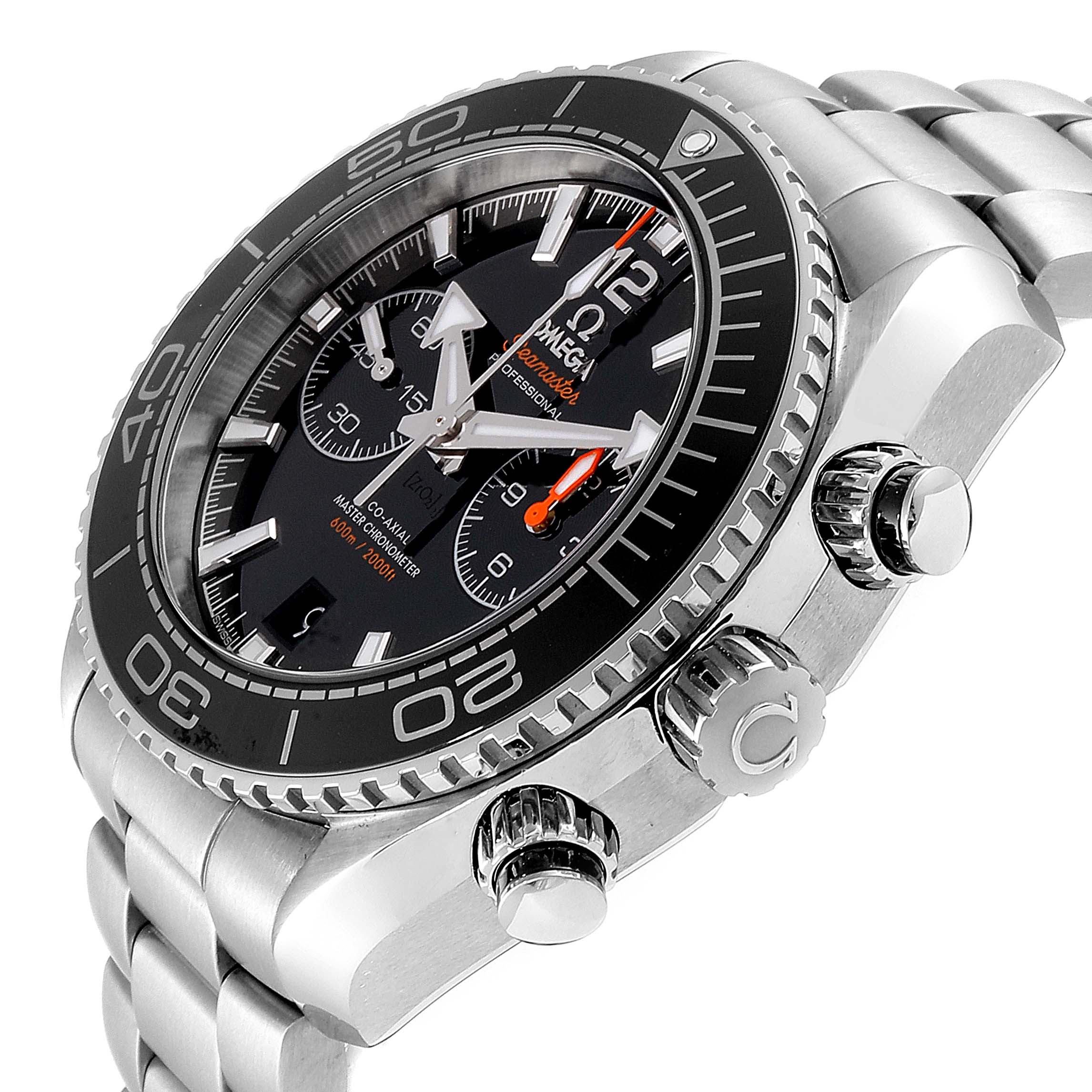 This image shows a side angle of the Omega Planet Ocean 215.30.46.51.01.001 Men
s Stainless Steel Black Dial 215.30.46.51.01.001 Men
s Stainless Steel Black Dial watch, highlighting its bezel, dial, crown, and stainless steel bracelet.