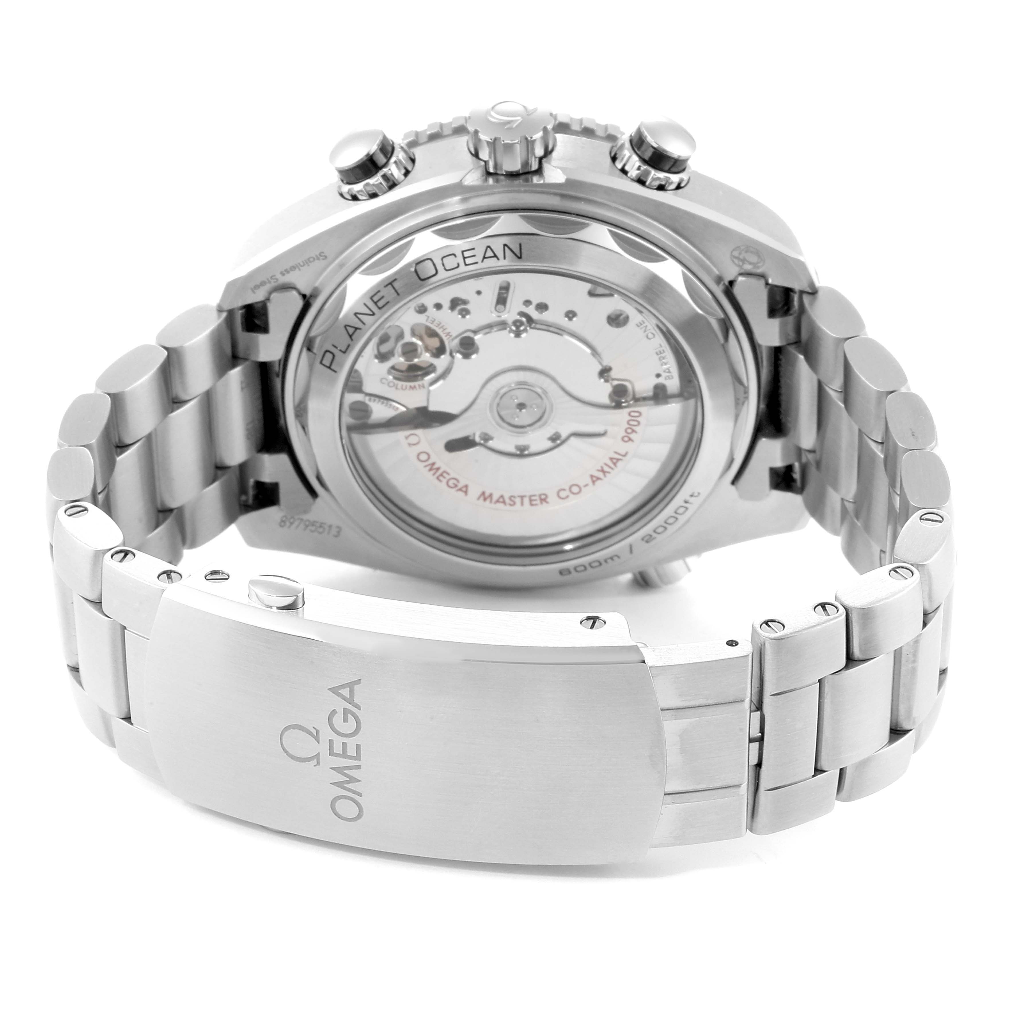 This image shows the back case and bracelet of the Omega Planet Ocean 215.30.46.51.01.001 Men
s Stainless Steel Black Dial 215.30.46.51.01.001 Men
s Stainless Steel Black Dial watch, highlighting its movement and clasp.