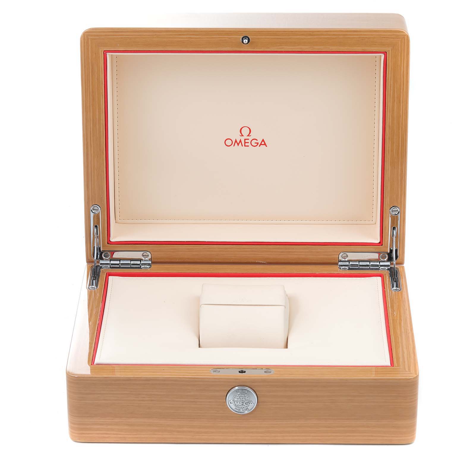 This image shows an open wooden display box for an Omega Planet Ocean 232.32.44.22.01.002 Men's Stainless Steel Black Dial 232.32.44.22.01.002 Men's Stainless Steel Black Dial watch.