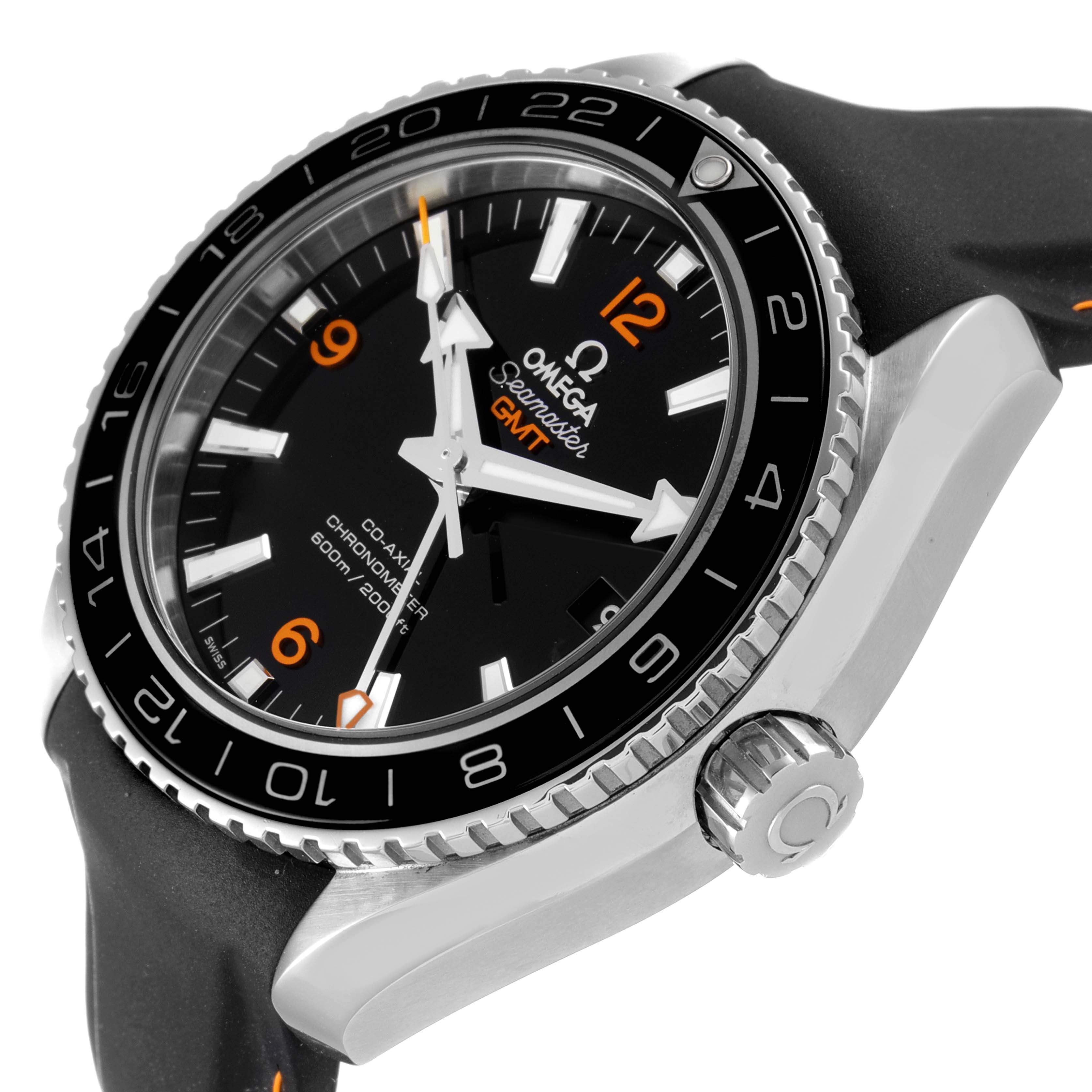 A side angle view of the Omega Planet Ocean 232.32.44.22.01.002 Men's Stainless Steel Black Dial 232.32.44.22.01.002 Men's Stainless Steel Black Dial watch, showing the face, bezel, crown, and part of the rubber strap.