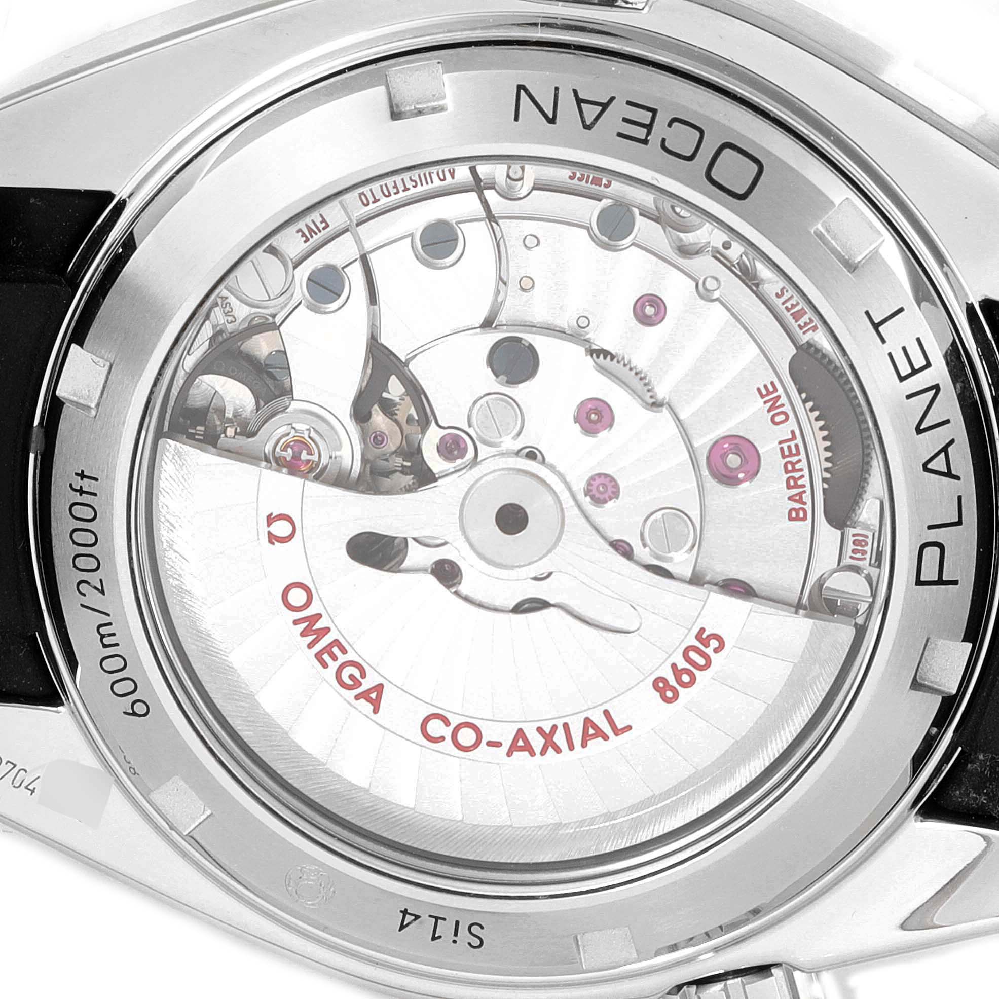 The image shows the back view of the Omega Planet Ocean 232.32.44.22.01.002 Men's Stainless Steel Black Dial 232.32.44.22.01.002 Men's Stainless Steel Black Dial watch, highlighting its exposed movement mechanism.