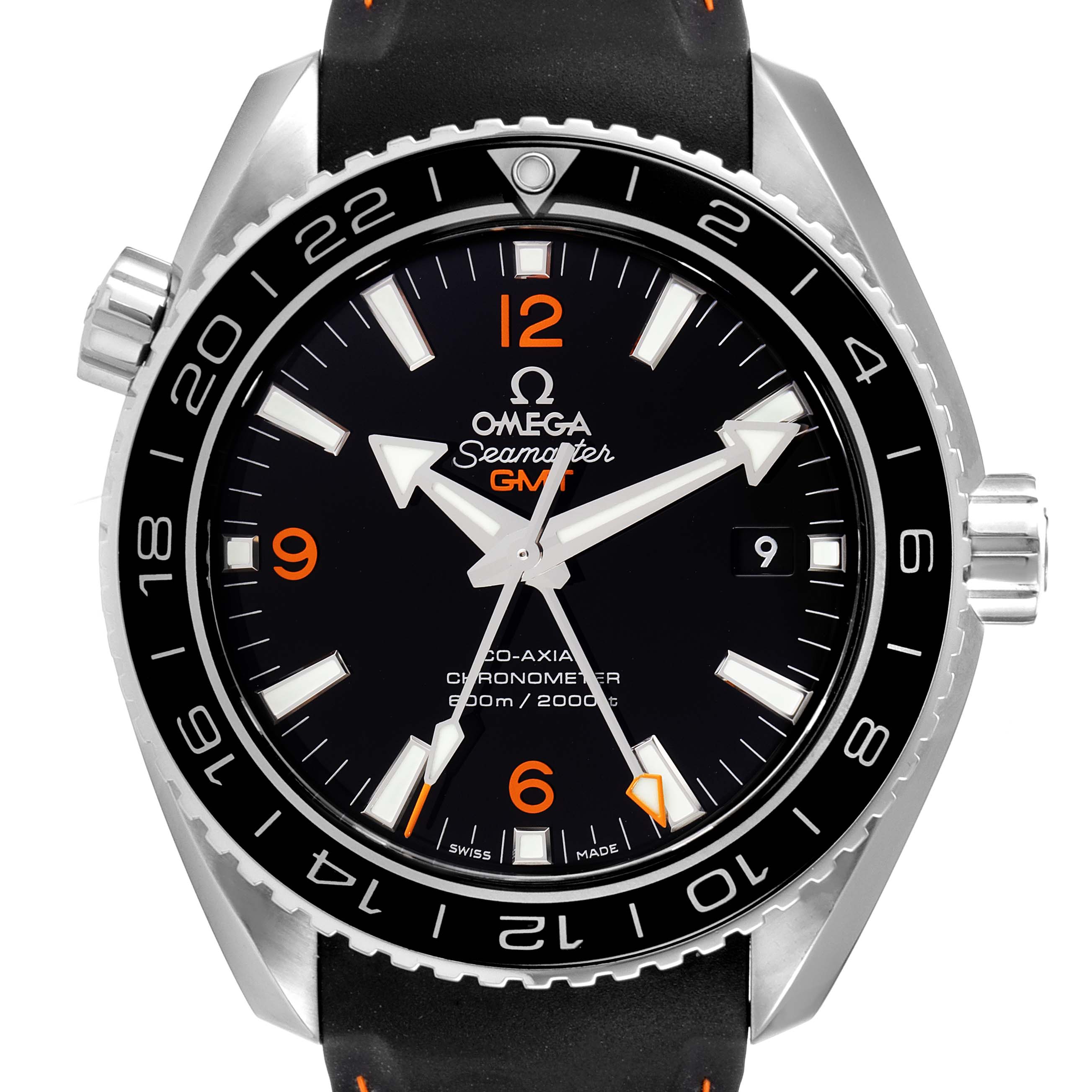 The image shows a front view of the Omega Planet Ocean 232.32.44.22.01.002 Men's Stainless Steel Black Dial 232.32.44.22.01.002 Men's Stainless Steel Black Dial Seamaster GMT watch, highlighting the face, bezel, and strap.