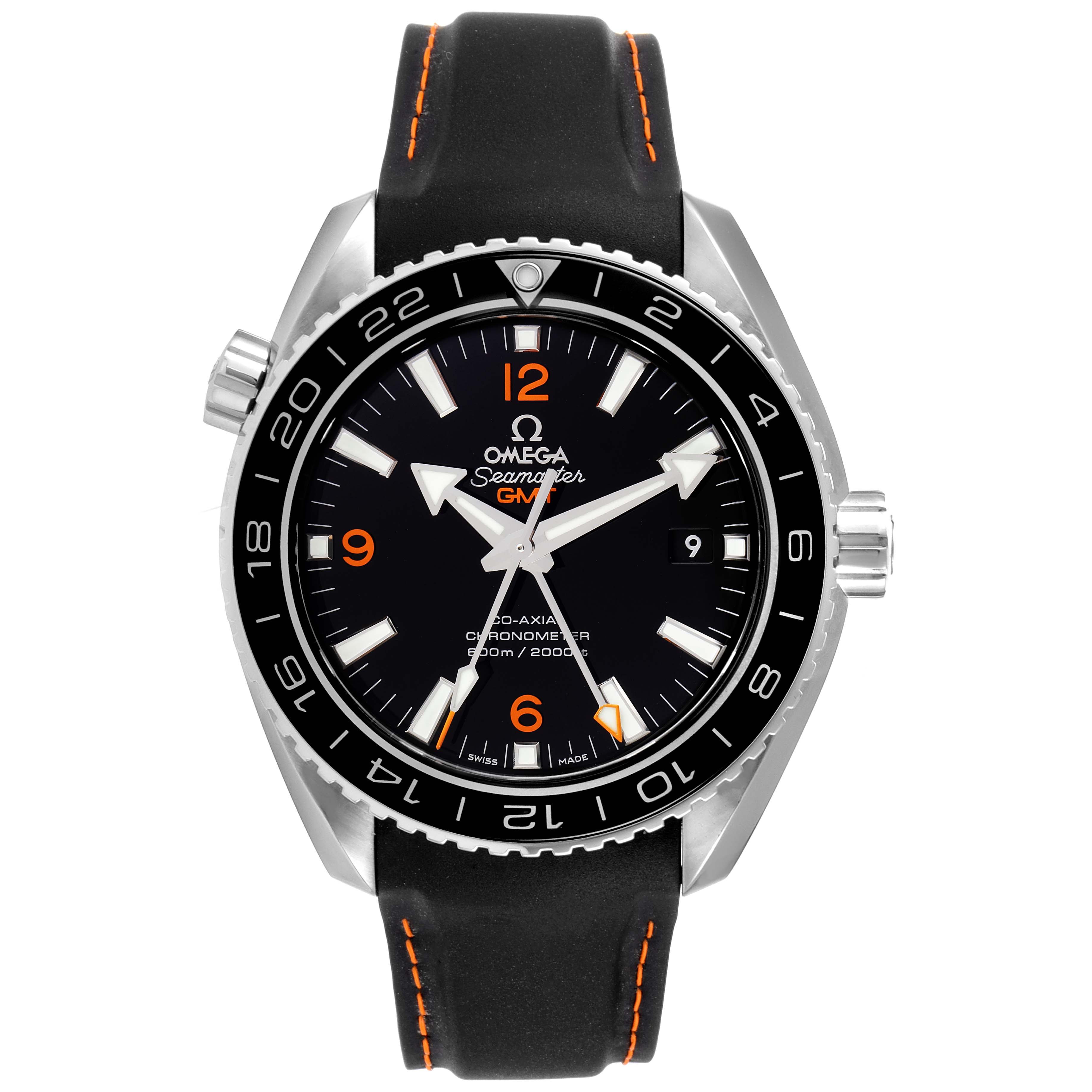 The image shows a front view of the Omega Planet Ocean 232.32.44.22.01.002 Men's Stainless Steel Black Dial 232.32.44.22.01.002 Men's Stainless Steel Black Dial Seamaster watch, highlighting its black dial, bezel, and strap.