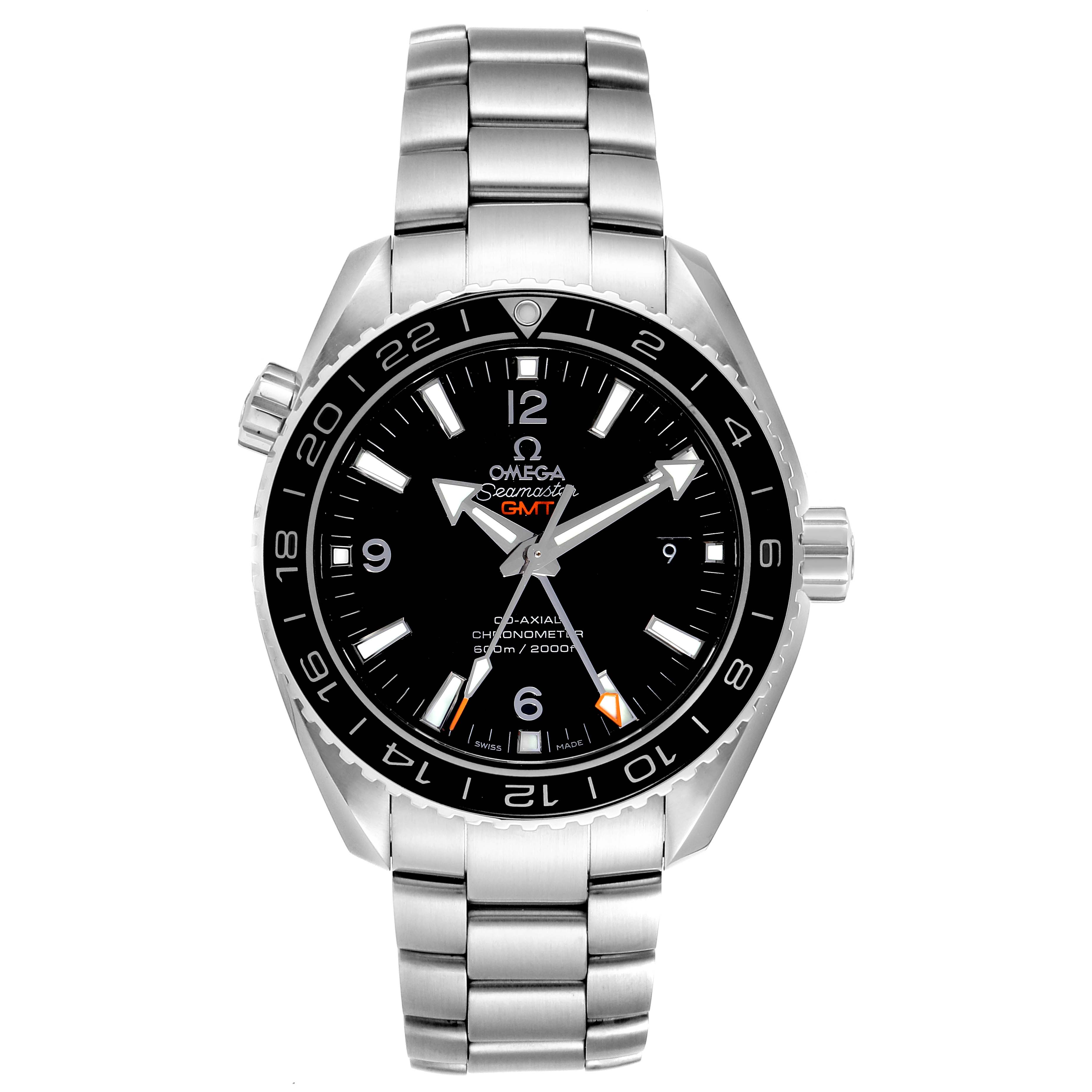 The image shows a front view of an Omega Planet Ocean 232.30.44.22.01.001 Men
s Stainless Steel Black Dial 232.30.44.22.01.001 Men
s Stainless Steel Black Dial watch, displaying the face, bezel, and bracelet.