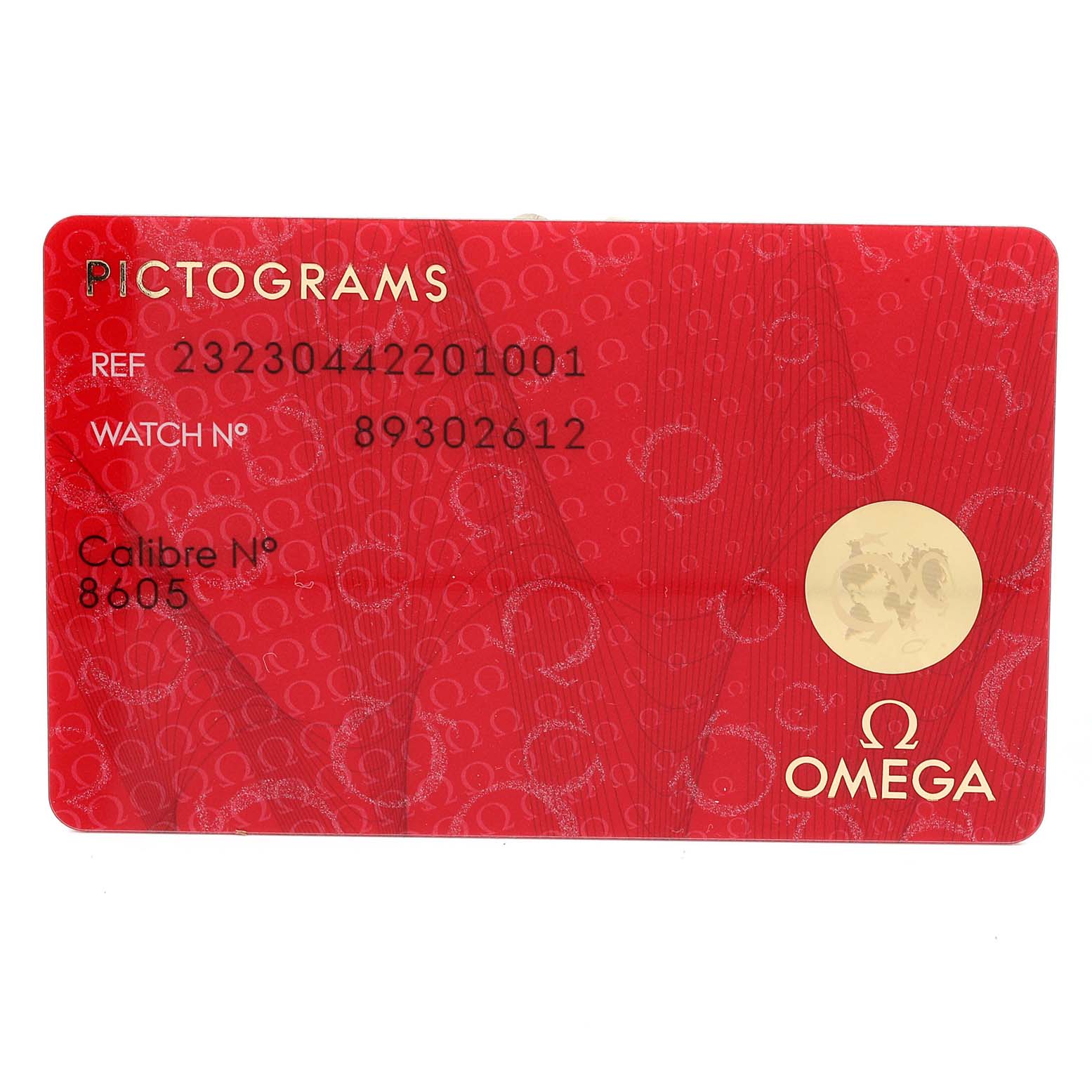 The image shows an Omega Planet Ocean 232.30.44.22.01.001 Men
s Stainless Steel Black Dial 232.30.44.22.01.001 Men
s Stainless Steel Black Dial model
s identification card with reference, watch, and calibre numbers.