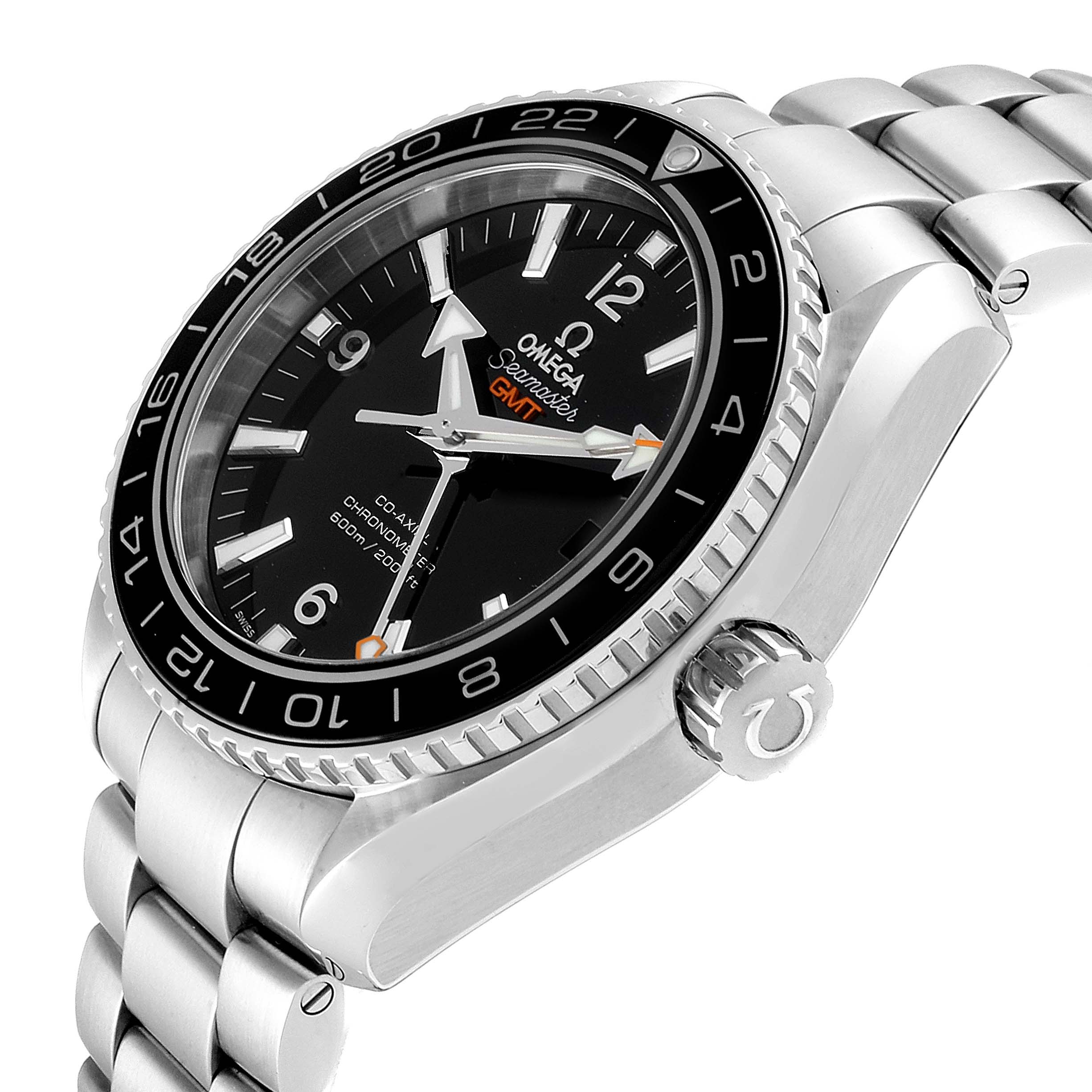 The image shows a side-angle view of the Omega Planet Ocean 232.30.44.22.01.001 Men
s Stainless Steel Black Dial 232.30.44.22.01.001 Men
s Stainless Steel Black Dial watch, highlighting the dial, bezel, crown, and stainless steel bracelet.