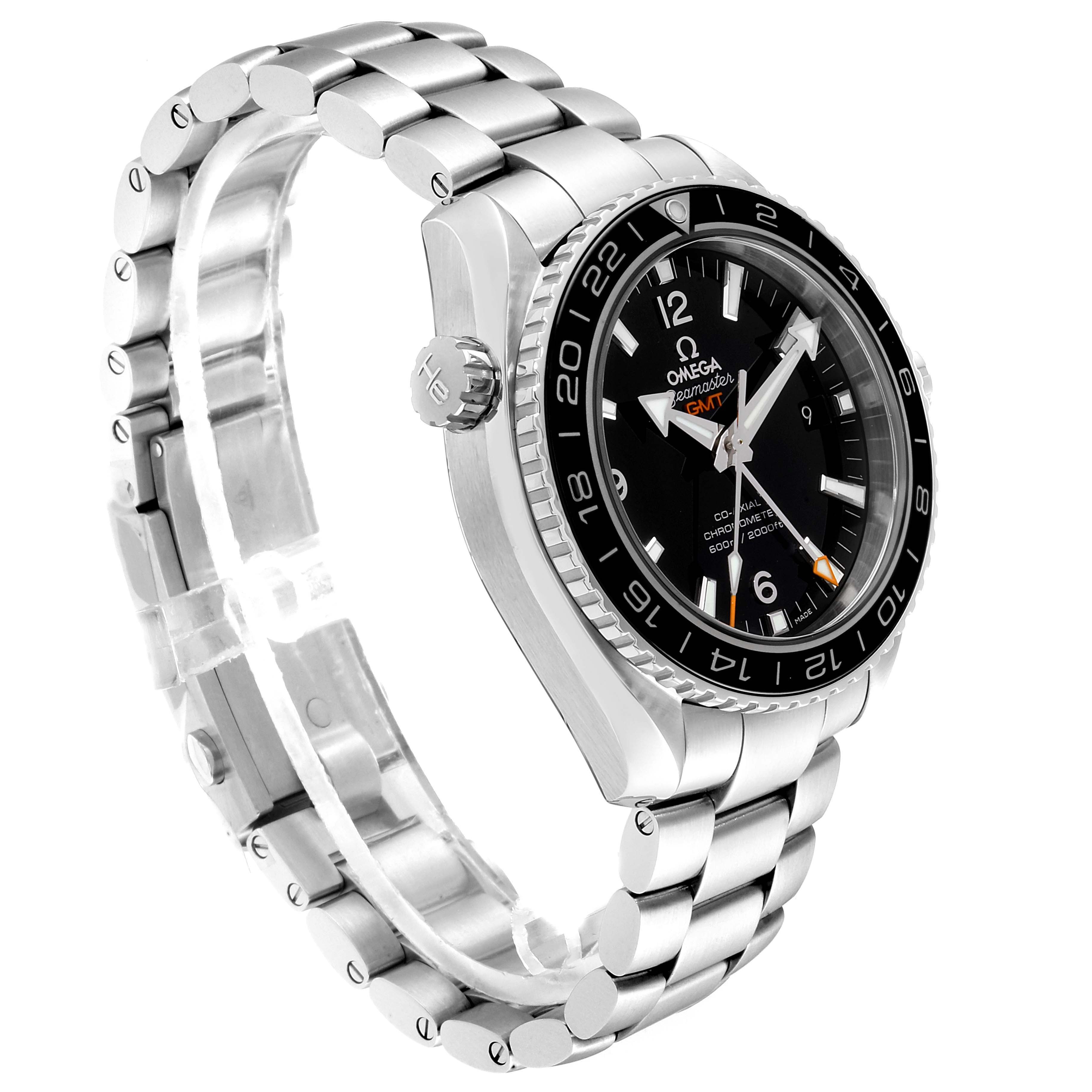 This image shows an angled side view of the Omega Planet Ocean 232.30.44.22.01.001 Men
s Stainless Steel Black Dial 232.30.44.22.01.001 Men
s Stainless Steel Black Dial watch, highlighting its bezel, dial, crown, and metal bracelet.