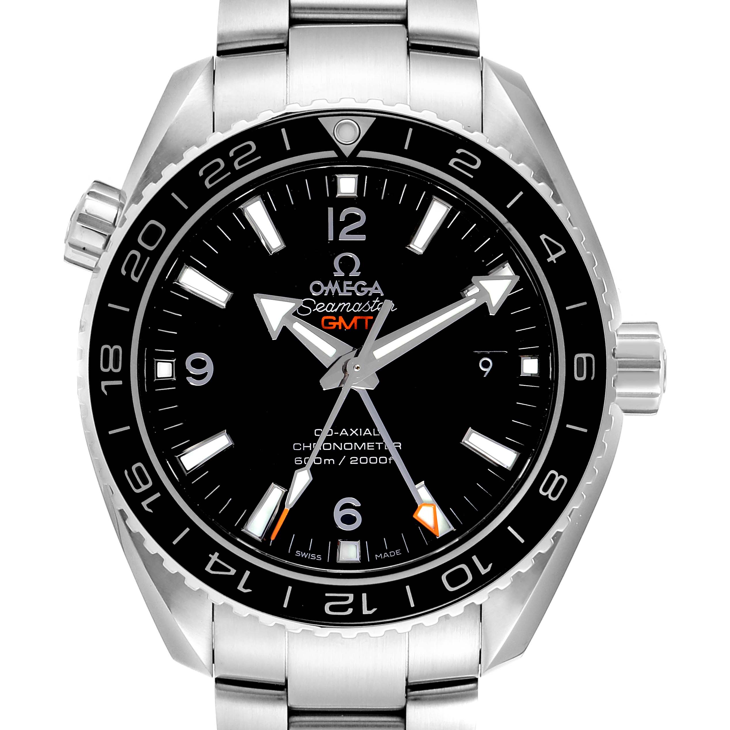 The image shows a front view of the Omega Seamaster Planet Ocean GMT watch, featuring its dial, bezel, and bracelet.