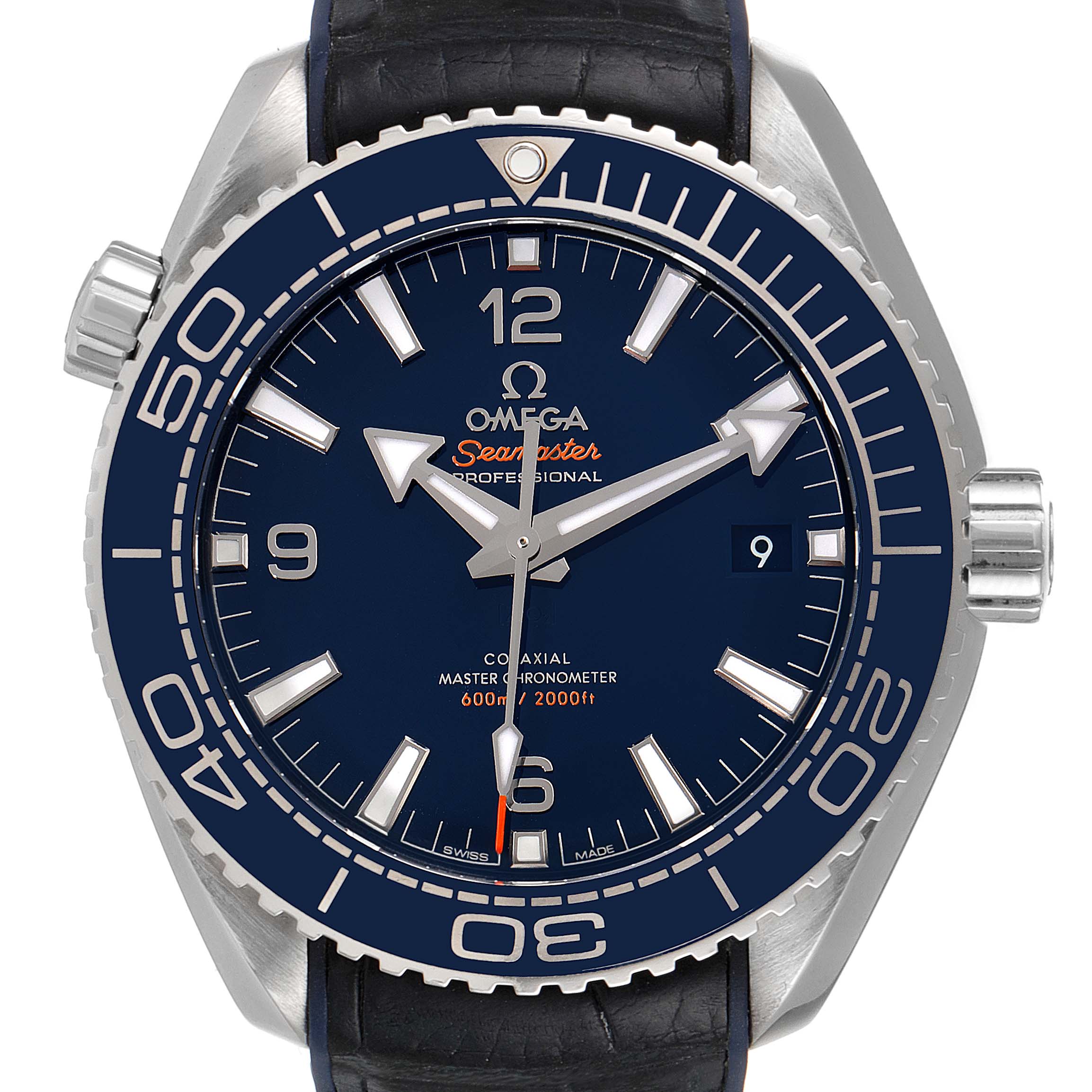 The image shows a front view of the Omega Planet Ocean 215.30.44.21.03.001 Men
s Stainless Steel Blue Dial 215.30.44.21.03.001 Men
s Stainless Steel Blue Dial model, highlighting the dial, bezel, crown, and partial strap.