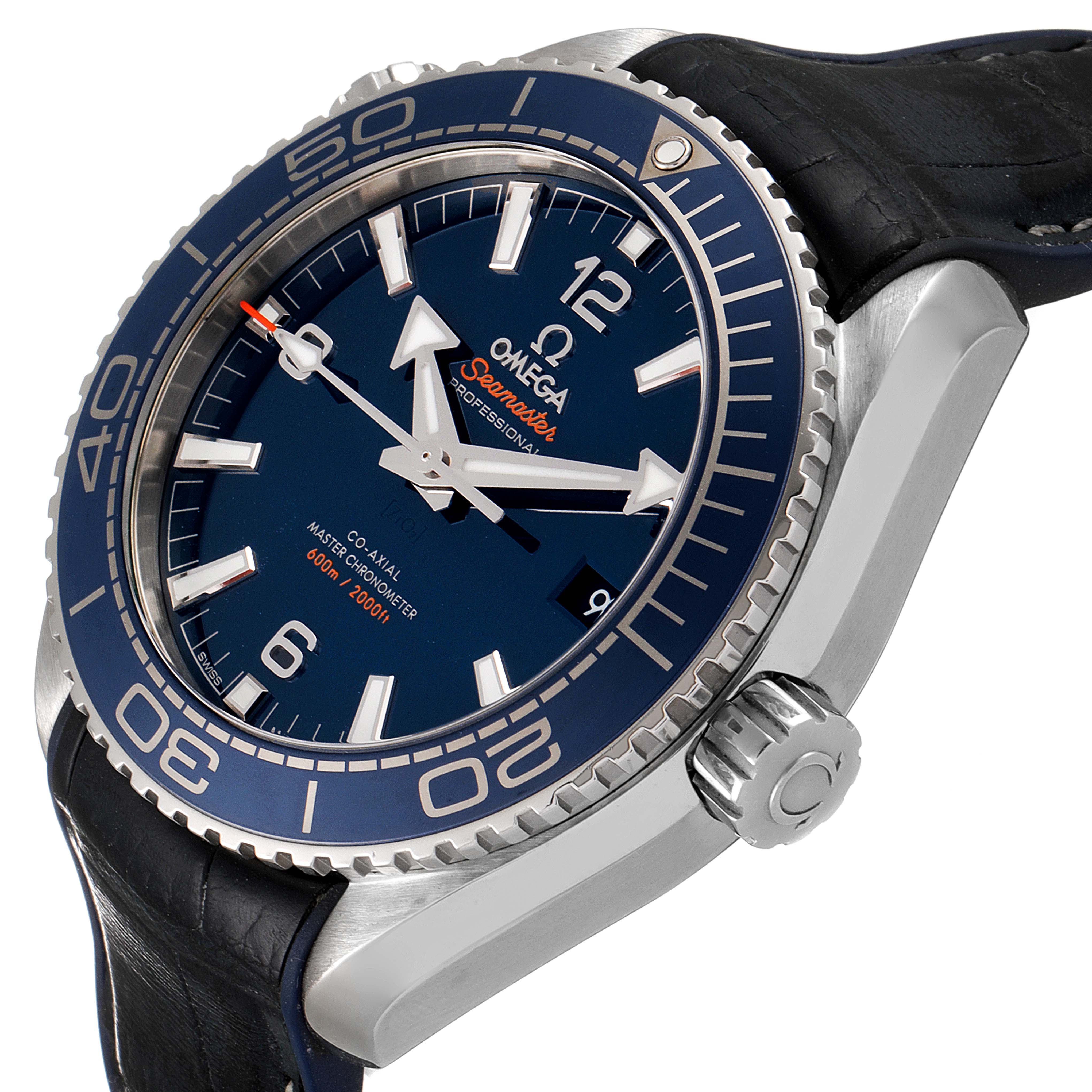 The image shows an angled view of the Omega Planet Ocean 215.30.44.21.03.001 Men
s Stainless Steel Blue Dial 215.30.44.21.03.001 Men
s Stainless Steel Blue Dial watch, highlighting the dial, bezel, crown, and part of the strap.
