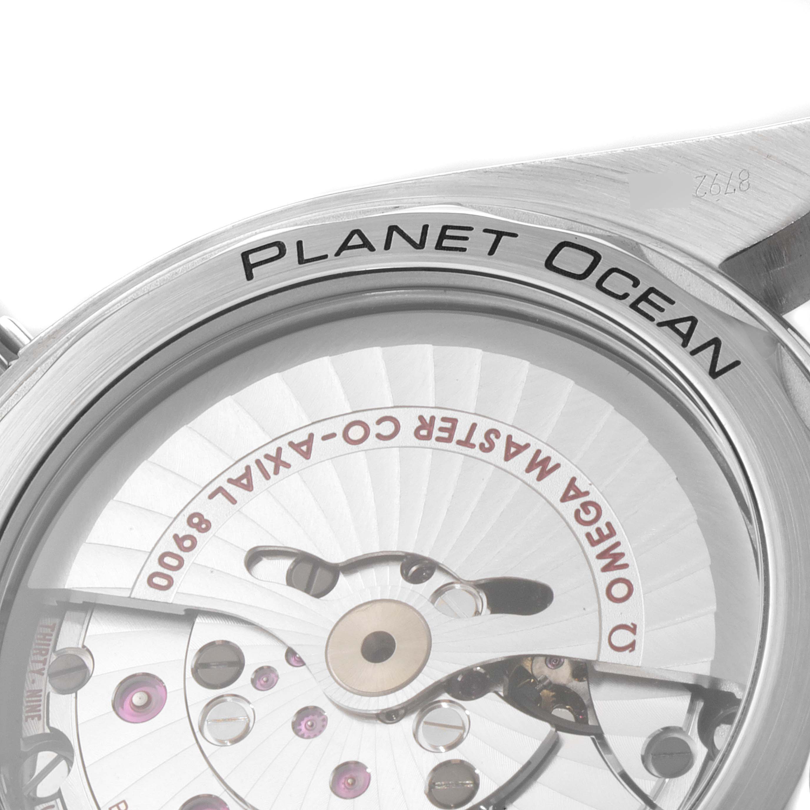 The image shows a close-up of the back casing and exposed movement of an Omega Planet Ocean 215.30.44.21.03.001 Men
s Stainless Steel Blue Dial 215.30.44.21.03.001 Men
s Stainless Steel Blue Dial watch.