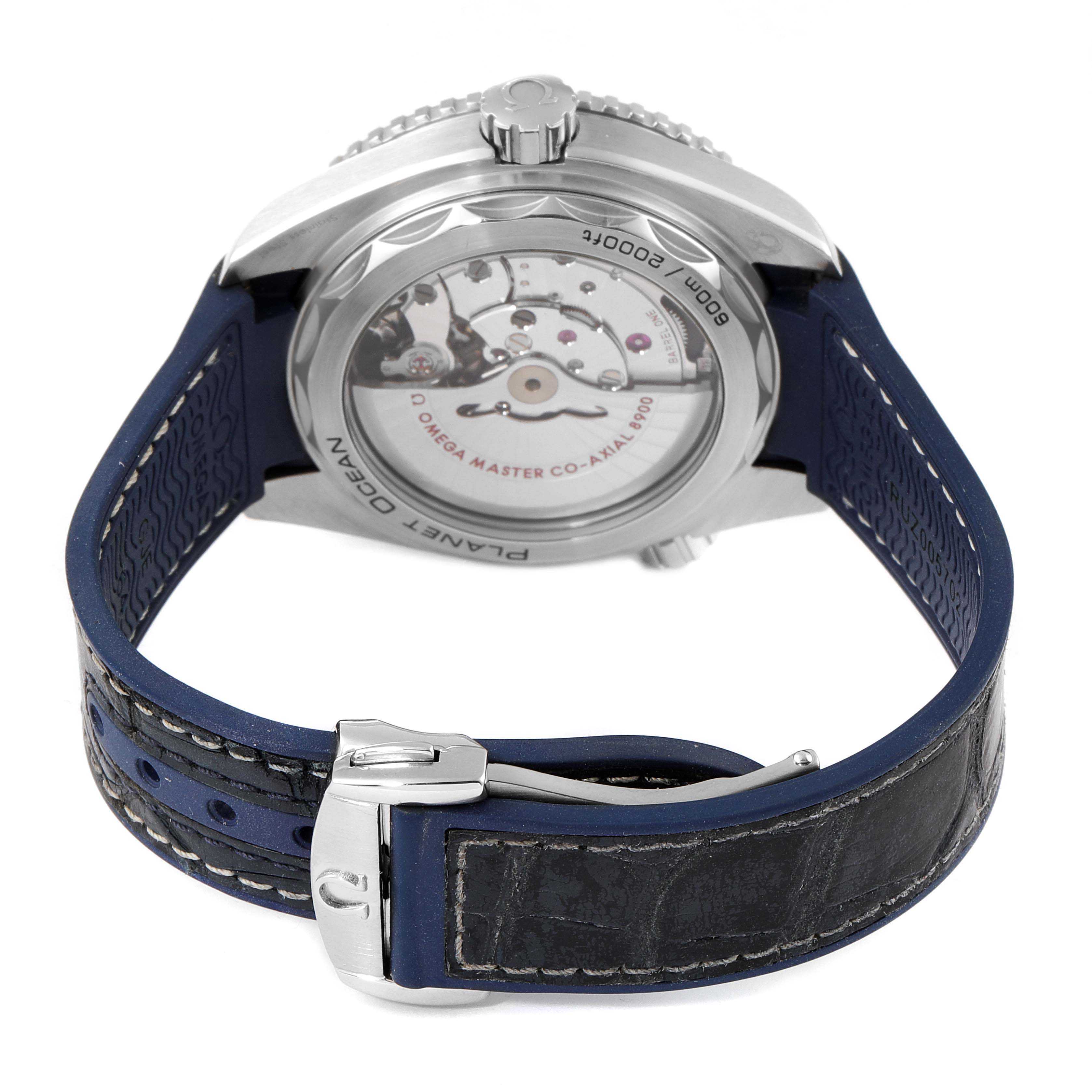The image shows the back view of the Omega Planet Ocean 215.30.44.21.03.001 Men
s Stainless Steel Blue Dial 215.30.44.21.03.001 Men
s Stainless Steel Blue Dial watch, highlighting its transparent case back and strap.
