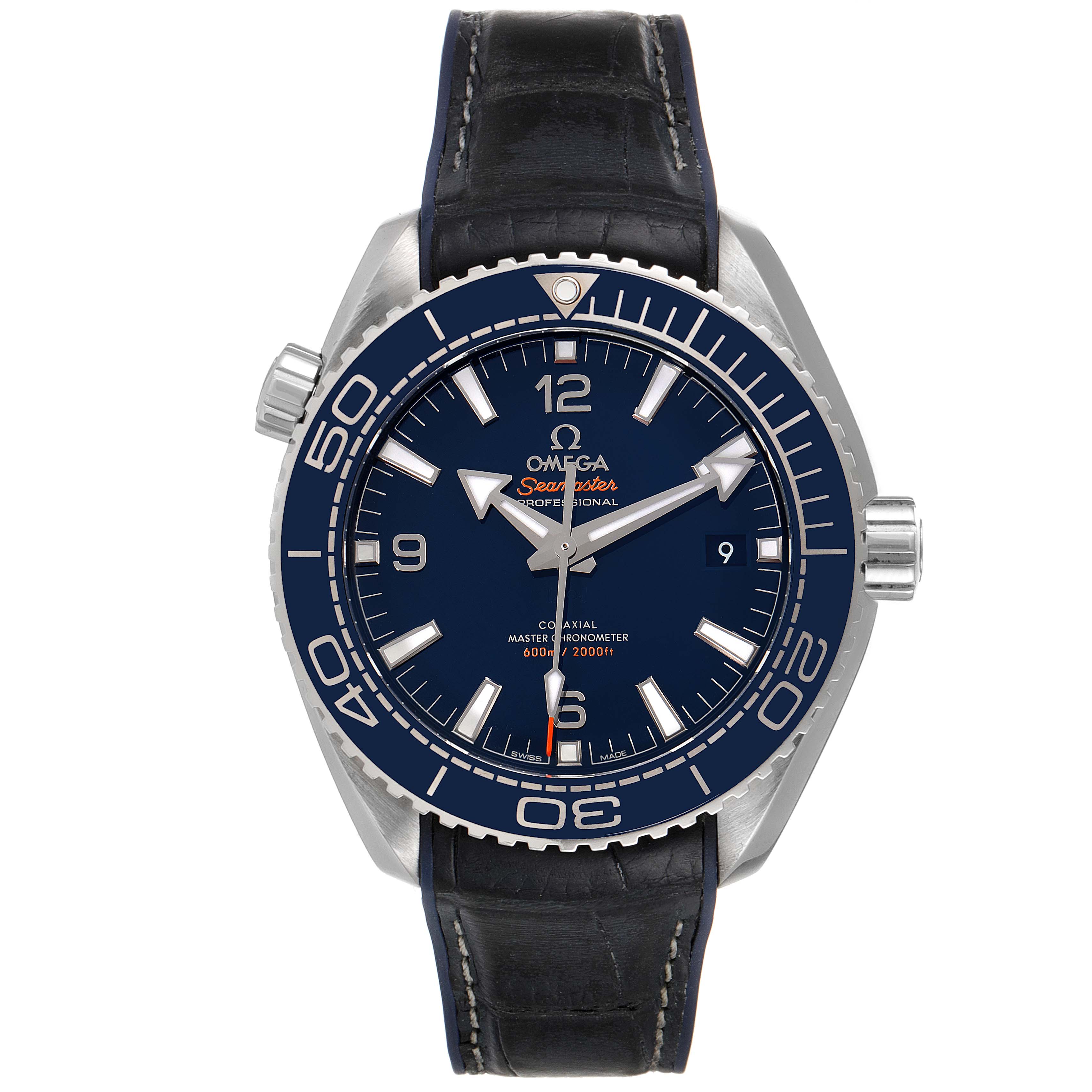 The Omega Planet Ocean 215.30.44.21.03.001 Men
s Stainless Steel Blue Dial 215.30.44.21.03.001 Men
s Stainless Steel Blue Dial watch is shown from a front angle, highlighting its dial, bezel, crown, and strap.