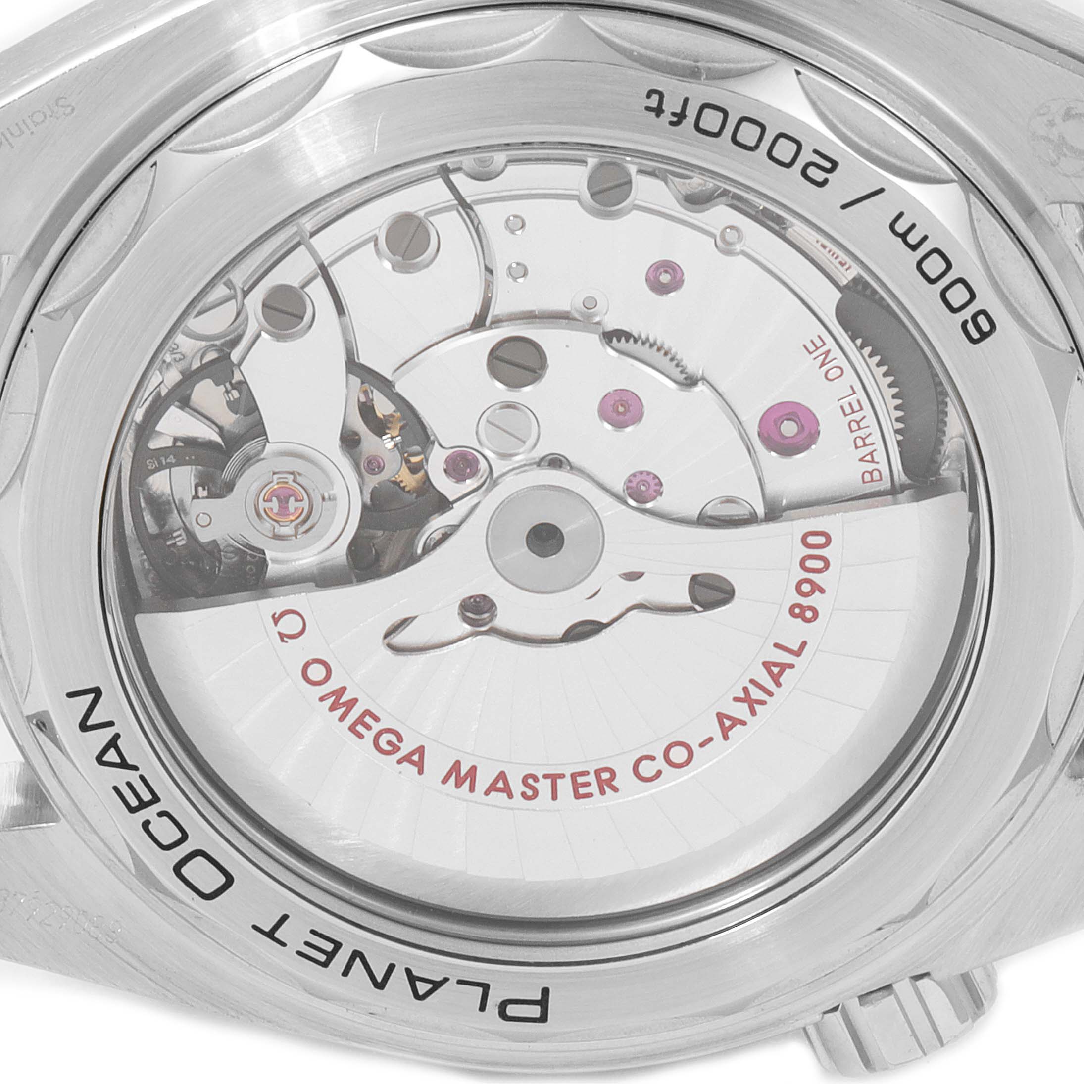 This image shows the back of the Omega Planet Ocean 215.30.44.21.03.001 Men
s Stainless Steel Blue Dial 215.30.44.21.03.001 Men
s Stainless Steel Blue Dial watch, highlighting its exposed movement mechanism.