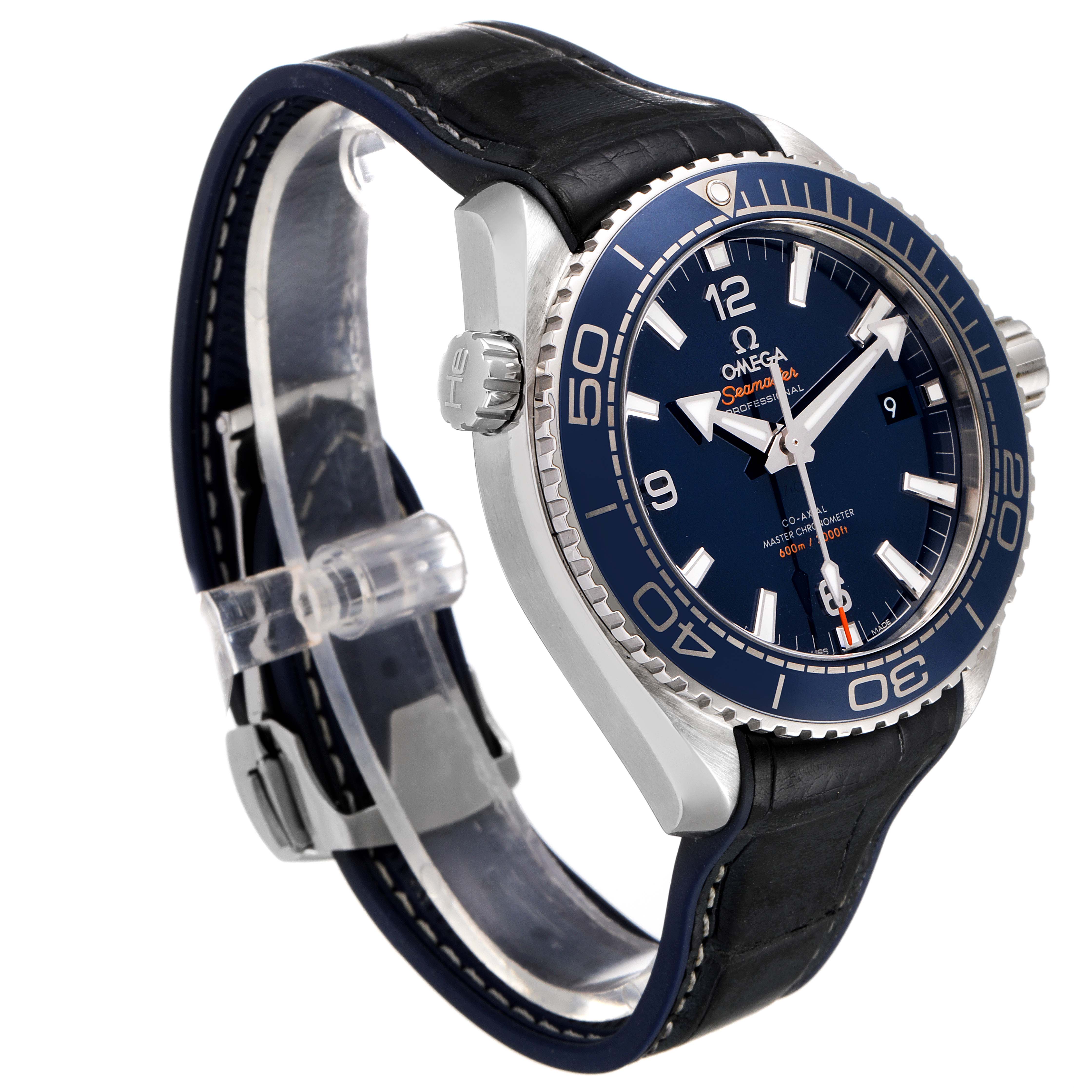 The image shows a side and front angle of an Omega Planet Ocean 215.30.44.21.03.001 Men
s Stainless Steel Blue Dial 215.30.44.21.03.001 Men
s Stainless Steel Blue Dial model watch with a leather strap and a blue dial.
