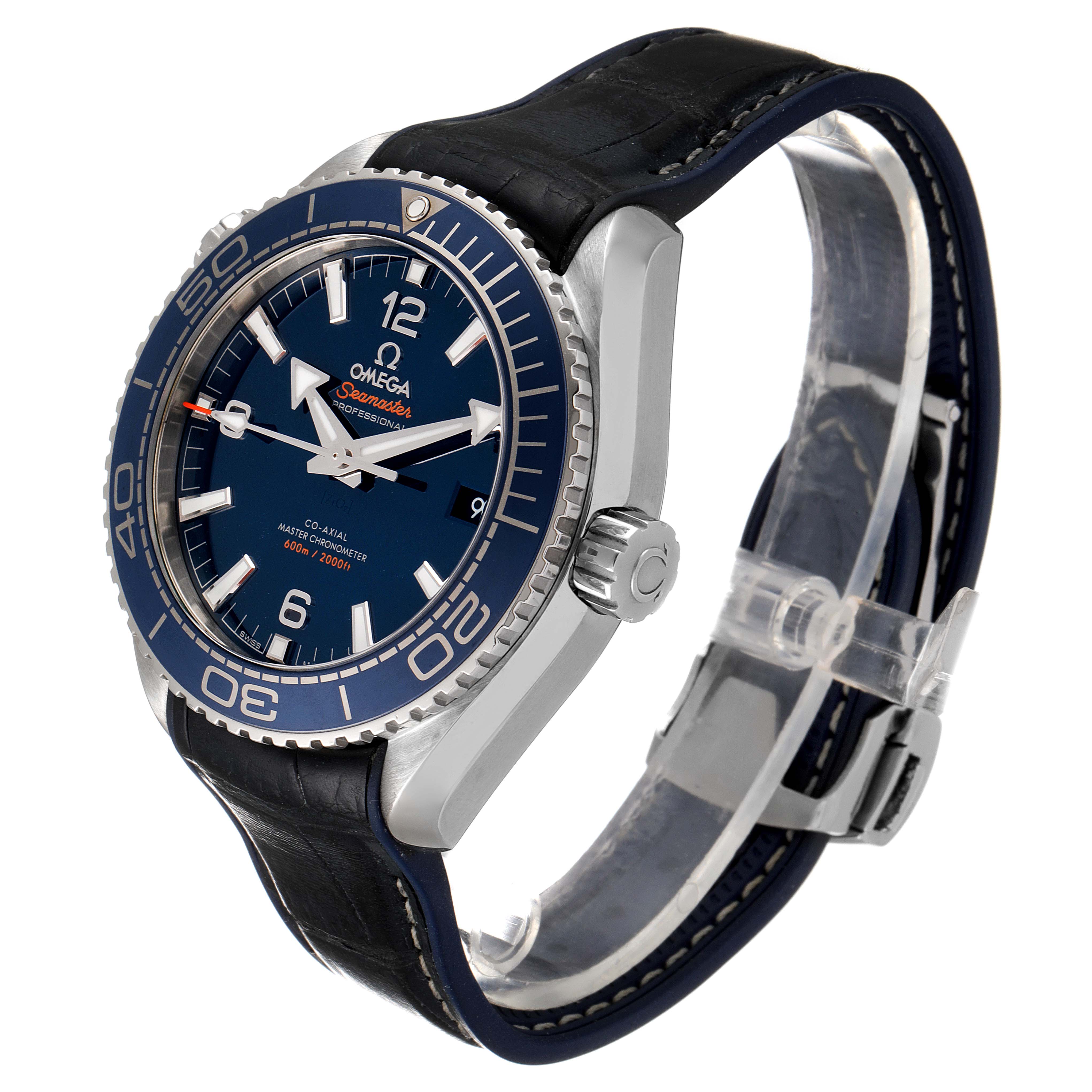 The image shows an angled side view of the Omega Planet Ocean 215.30.44.21.03.001 Men
s Stainless Steel Blue Dial 215.30.44.21.03.001 Men
s Stainless Steel Blue Dial watch, highlighting the face, bezel, and strap.