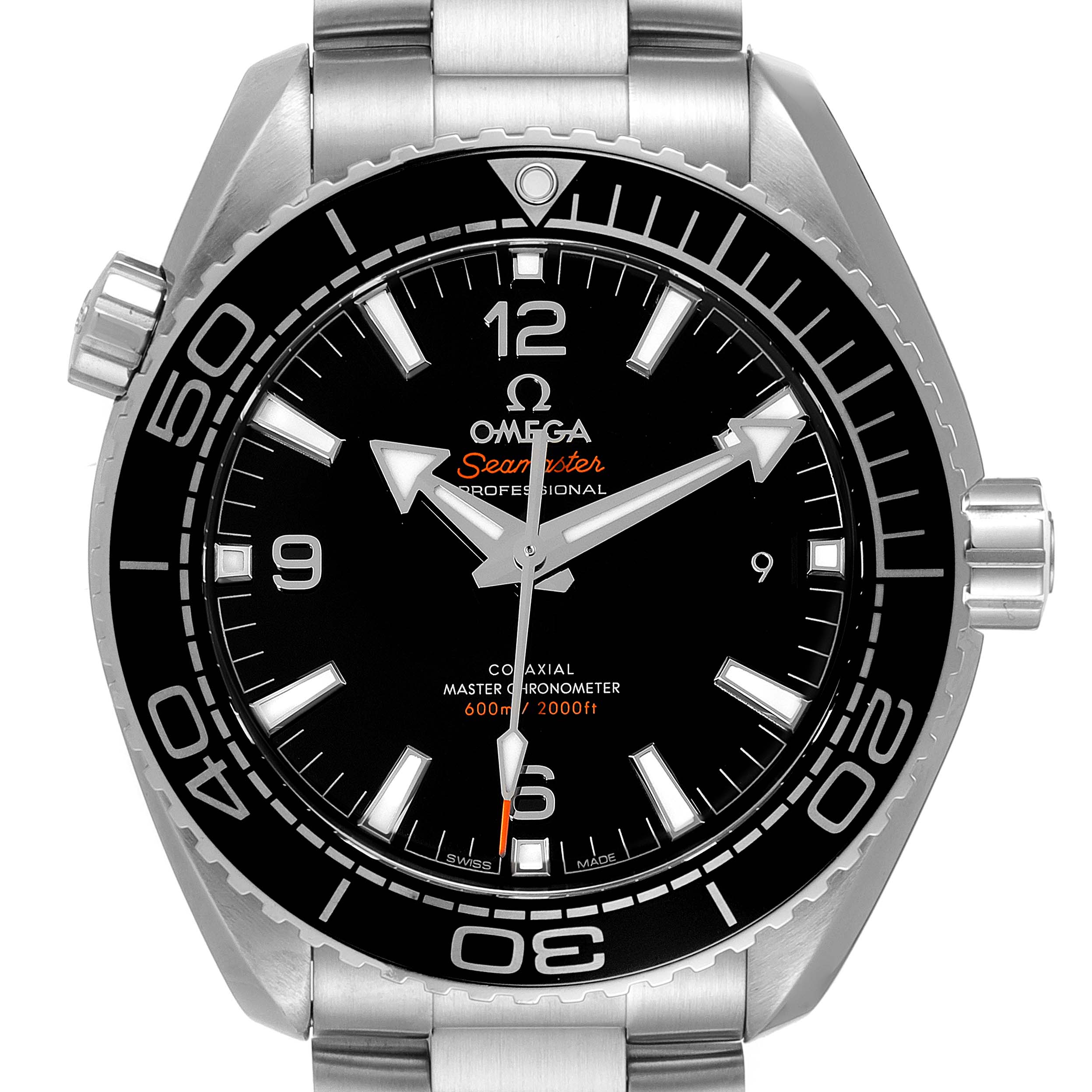 The image shows a front view of the Omega Planet Ocean 215.30.44.21.01.001 Men
s Stainless Steel Black Dial 215.30.44.21.01.001 Men
s Stainless Steel Black Dial model, highlighting the dial, hands, bezel, and part of the bracelet.