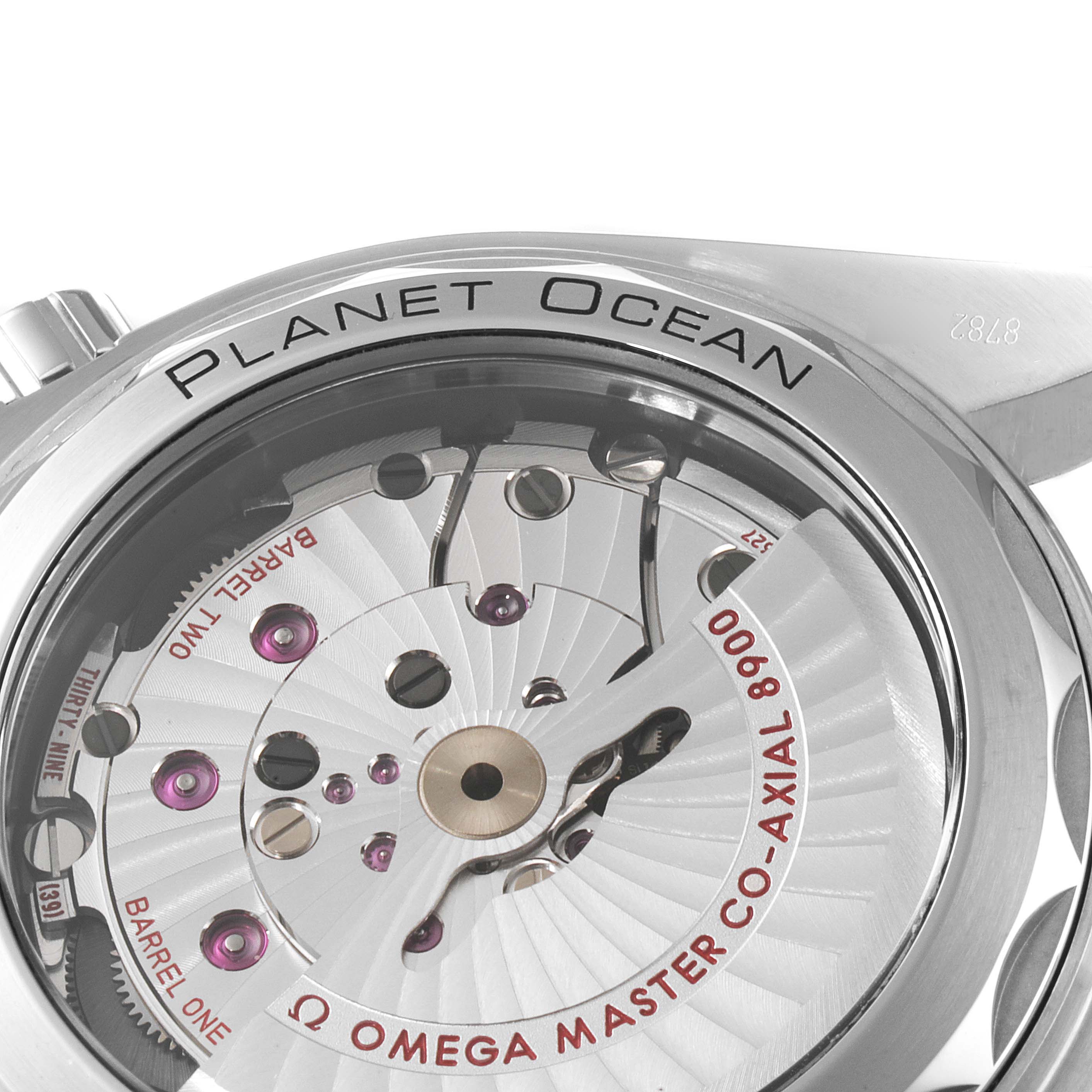 The image shows the back view of the Omega Planet Ocean 215.30.44.21.01.001 Men
s Stainless Steel Black Dial 215.30.44.21.01.001 Men
s Stainless Steel Black Dial watch, highlighting the movement and internal mechanism.