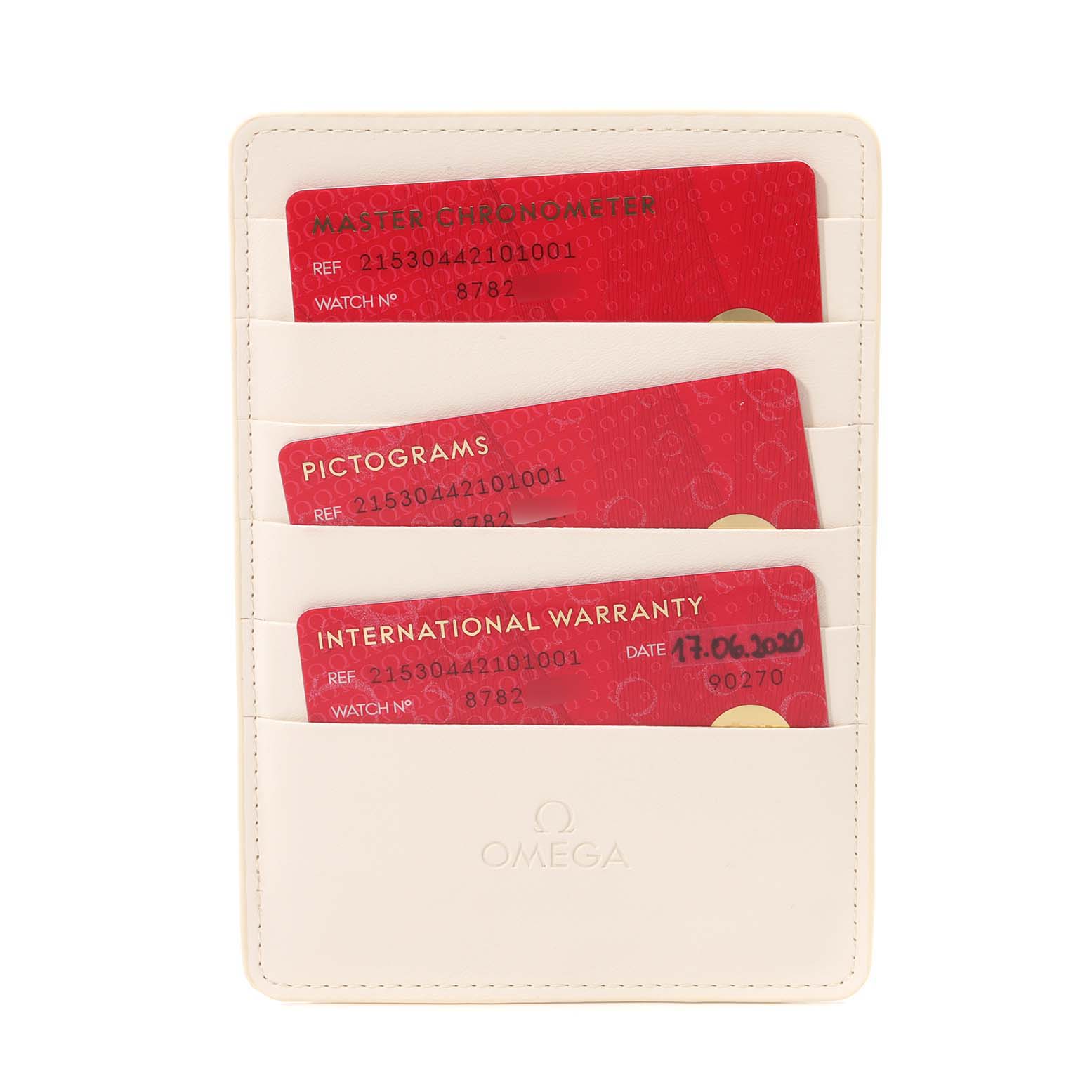 The image shows three Omega certification cards for a Planet Ocean model watch in a white cardholder.