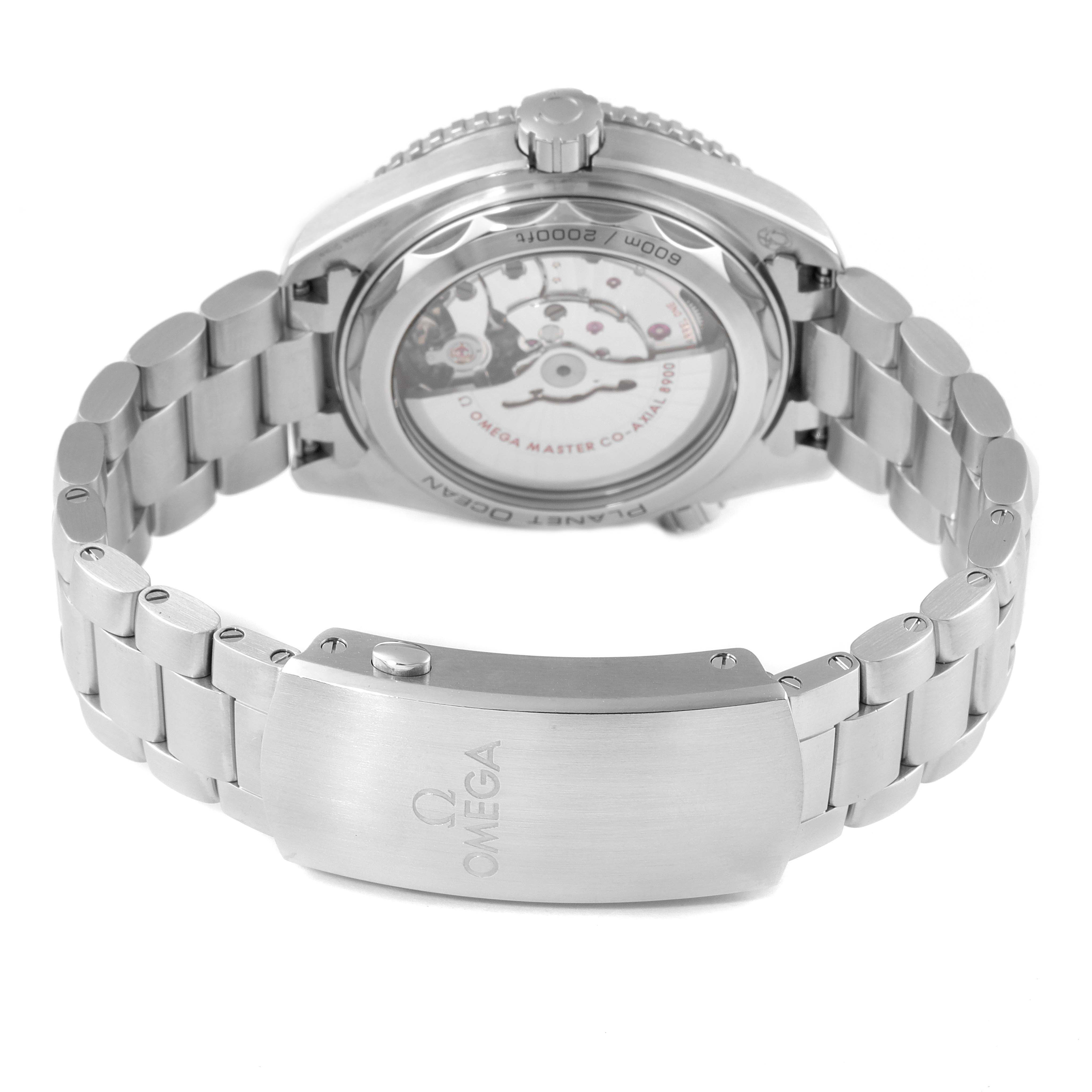 The image shows the back view of the Omega Planet Ocean 215.30.44.21.01.001 Men
s Stainless Steel Black Dial 215.30.44.21.01.001 Men
s Stainless Steel Black Dial watch, highlighting its stainless steel bracelet and transparent caseback.