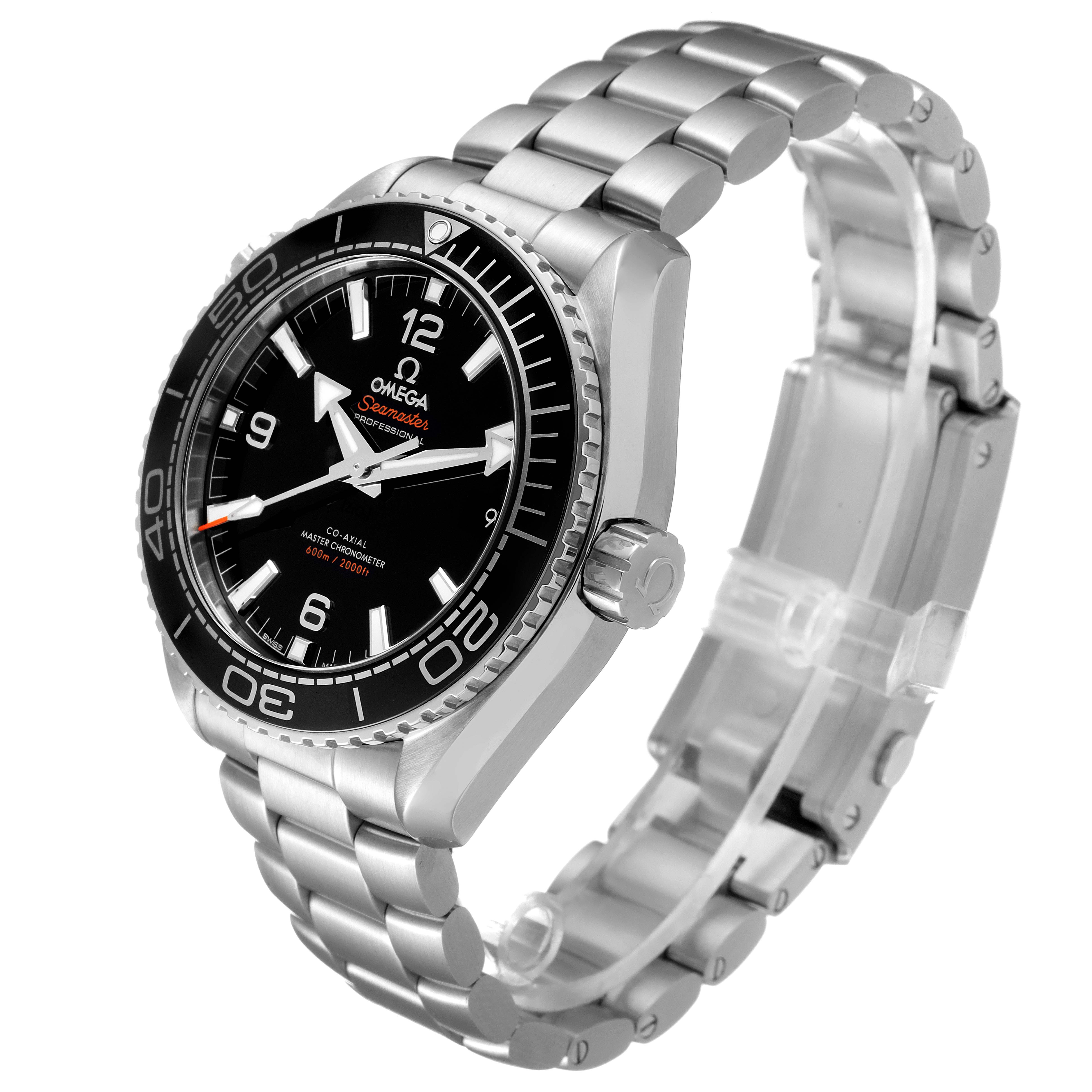 The image shows the Omega Planet Ocean 215.30.44.21.01.001 Men
s Stainless Steel Black Dial 215.30.44.21.01.001 Men
s Stainless Steel Black Dial watch at a three-quarter angle, highlighting its black dial, bezel, case, and metal bracelet.