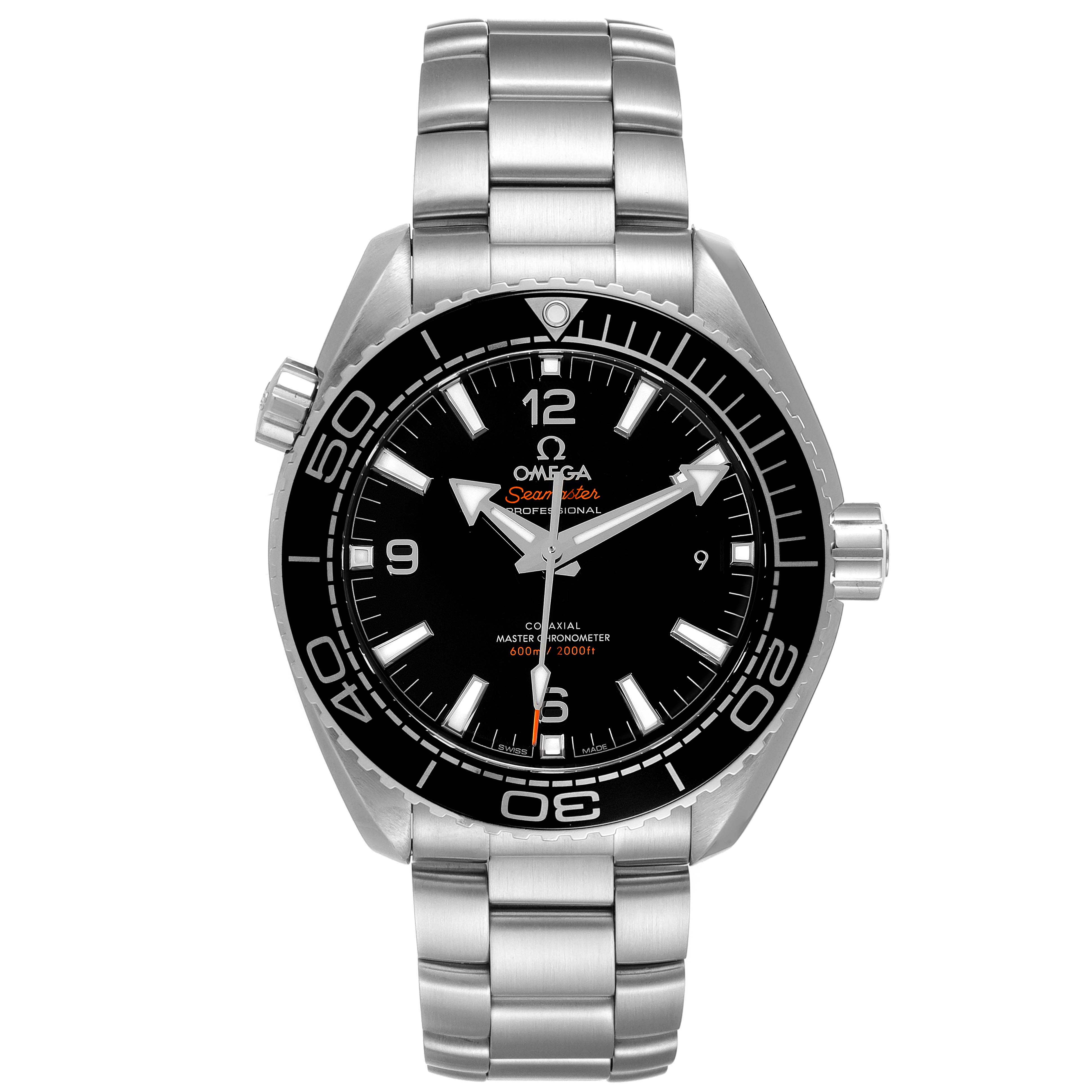 The image shows a front view of the Omega Planet Ocean 215.30.44.21.01.001 Men
s Stainless Steel Black Dial 215.30.44.21.01.001 Men
s Stainless Steel Black Dial model, highlighting the face, bezel, and metal bracelet.