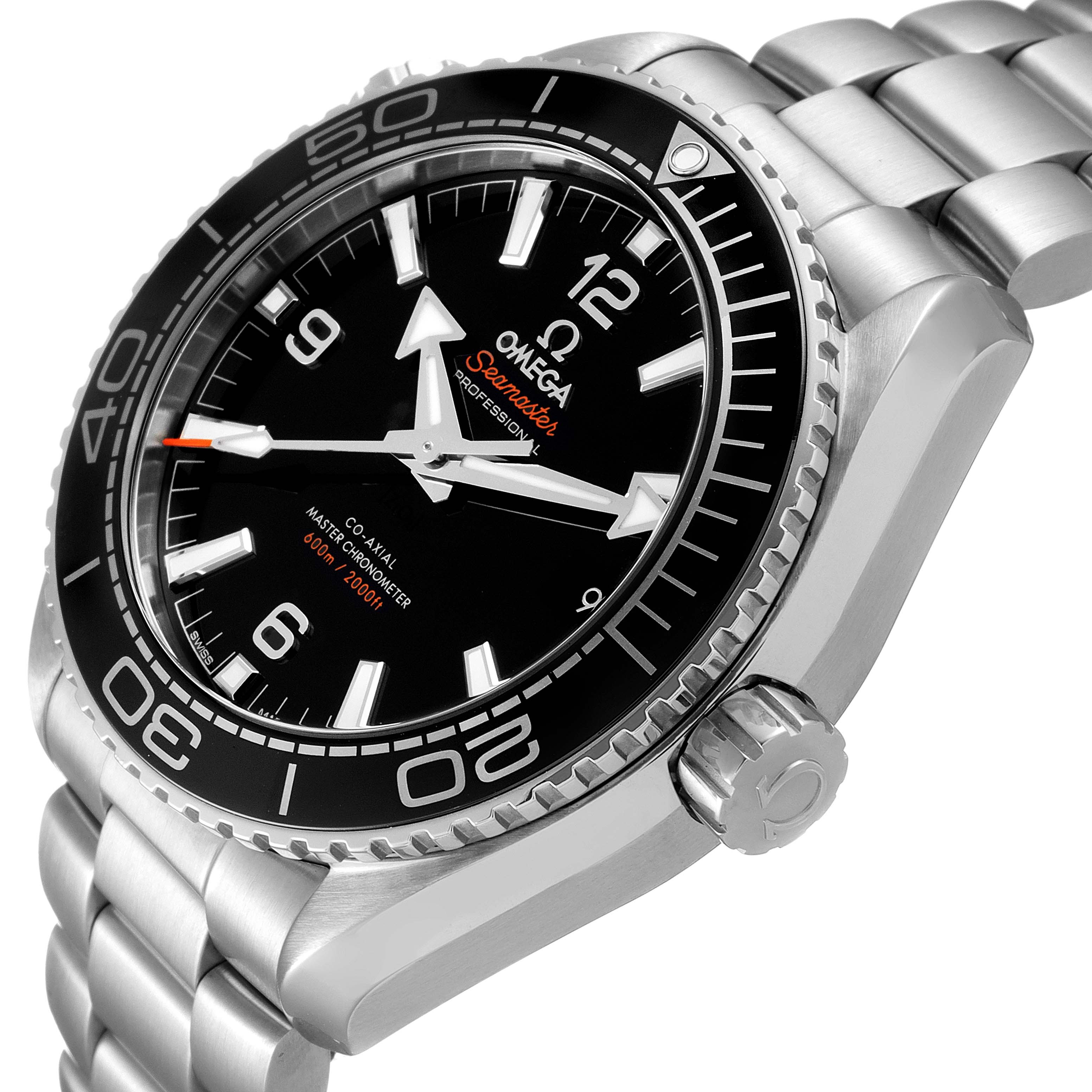 The image shows a side angle of the Omega Planet Ocean 215.30.44.21.01.001 Men
s Stainless Steel Black Dial 215.30.44.21.01.001 Men
s Stainless Steel Black Dial watch, highlighting its dial, bezel, crown, and bracelet.