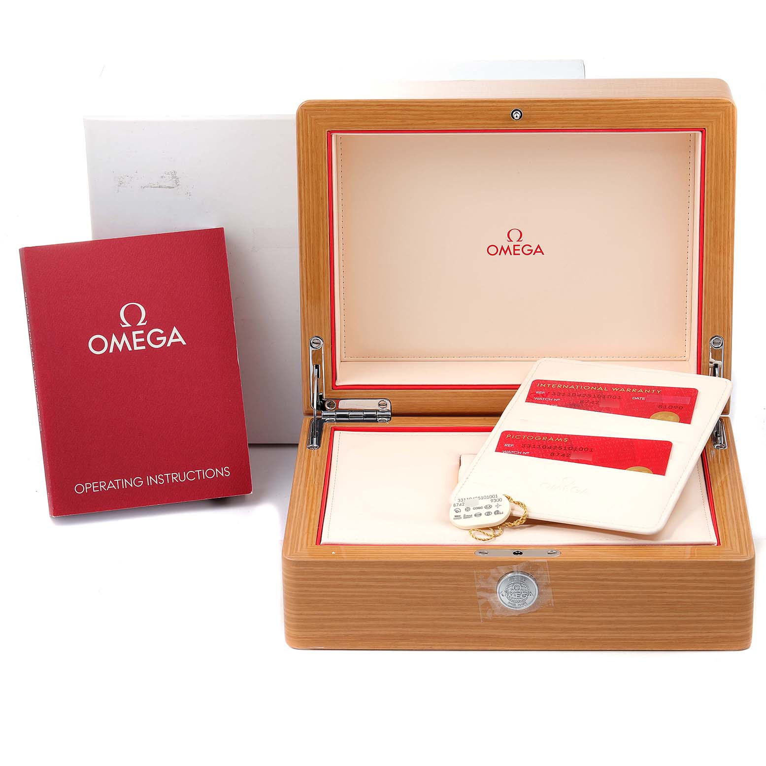 The image shows the packaging, including a wooden box, warranty cards, and operating instructions for an Omega Speedmaster 331.10.42.51.01.001 Men's Stainless Steel Black Dial 331.10.42.51.01.001 Men's Stainless Steel Black Dial.