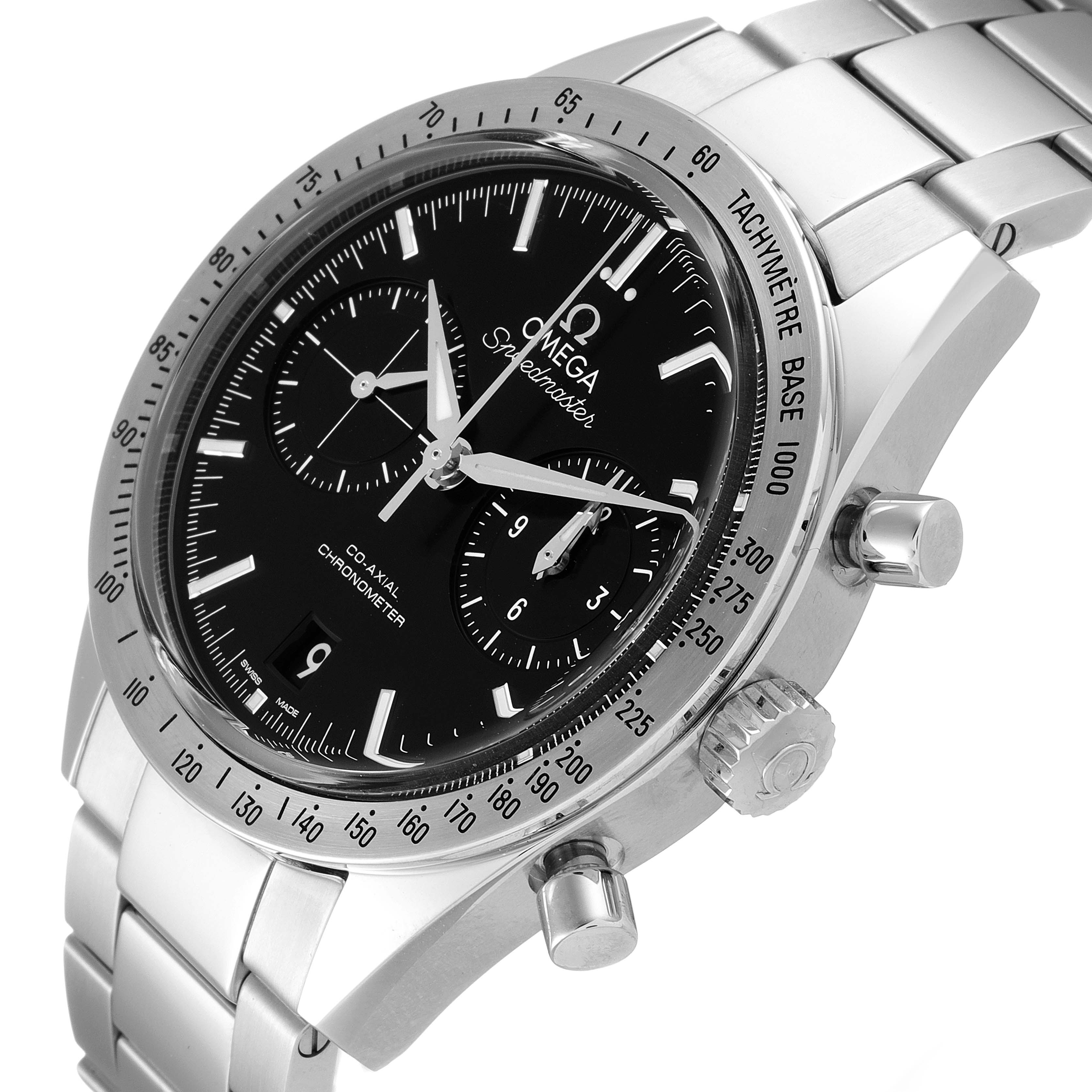 The image shows the front and side view of the Omega Speedmaster 331.10.42.51.01.001 Men's Stainless Steel Black Dial 331.10.42.51.01.001 Men's Stainless Steel Black Dial watch, displaying its dial, bezel, crown, and bracelet.
