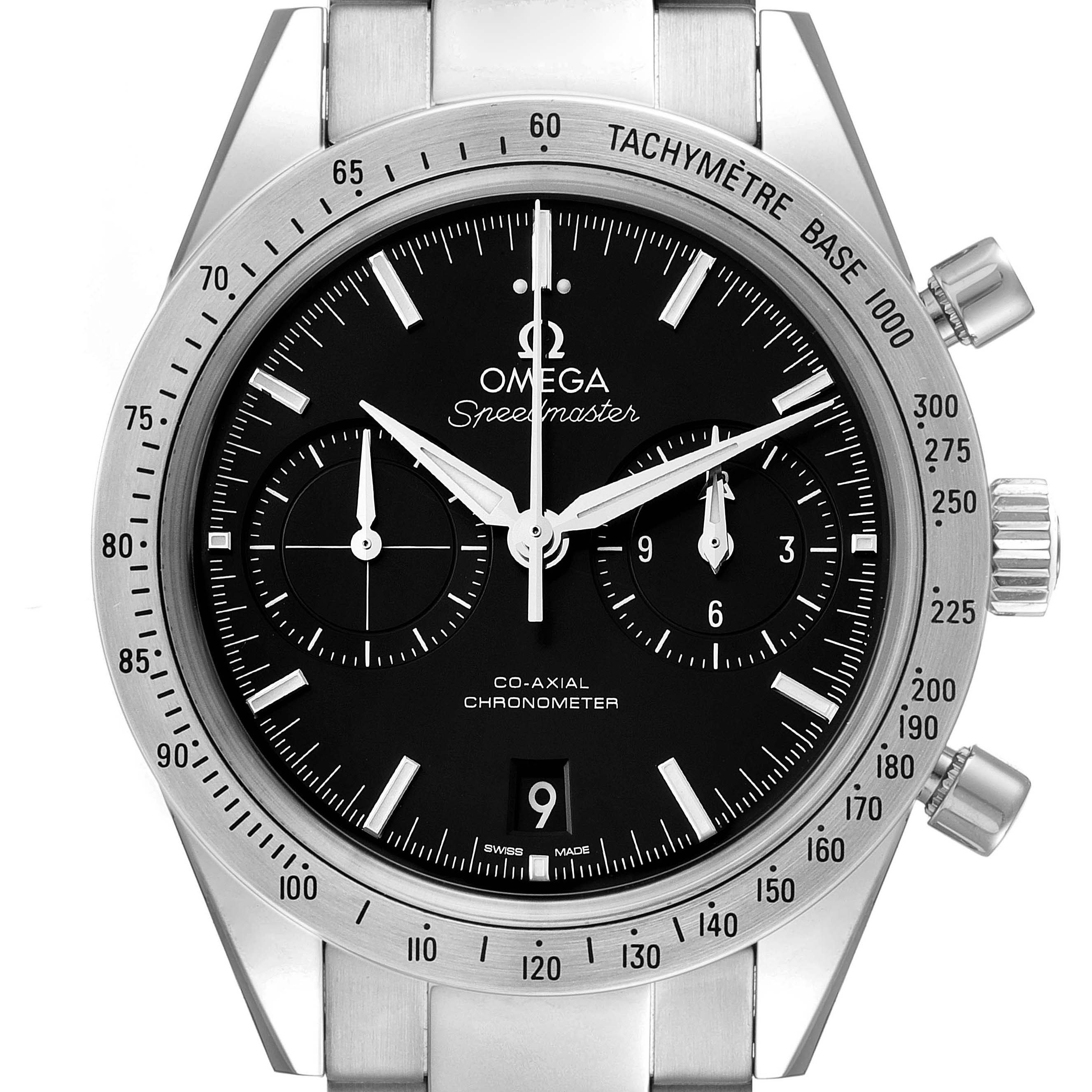 This image shows a front-angle view of the Omega Speedmaster 331.10.42.51.01.001 Men's Stainless Steel Black Dial 331.10.42.51.01.001 Men's Stainless Steel Black Dial watch, highlighting its dial, bezel, and crown.