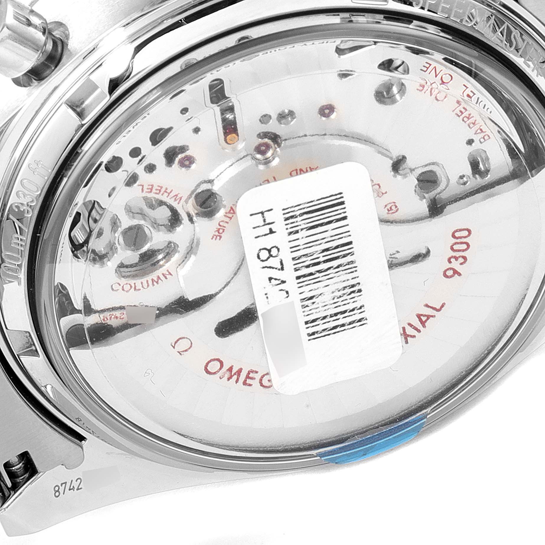 This image shows the open case back of an Omega Speedmaster 331.10.42.51.01.001 Men's Stainless Steel Black Dial 331.10.42.51.01.001 Men's Stainless Steel Black Dial watch, revealing its internal movement and mechanisms.