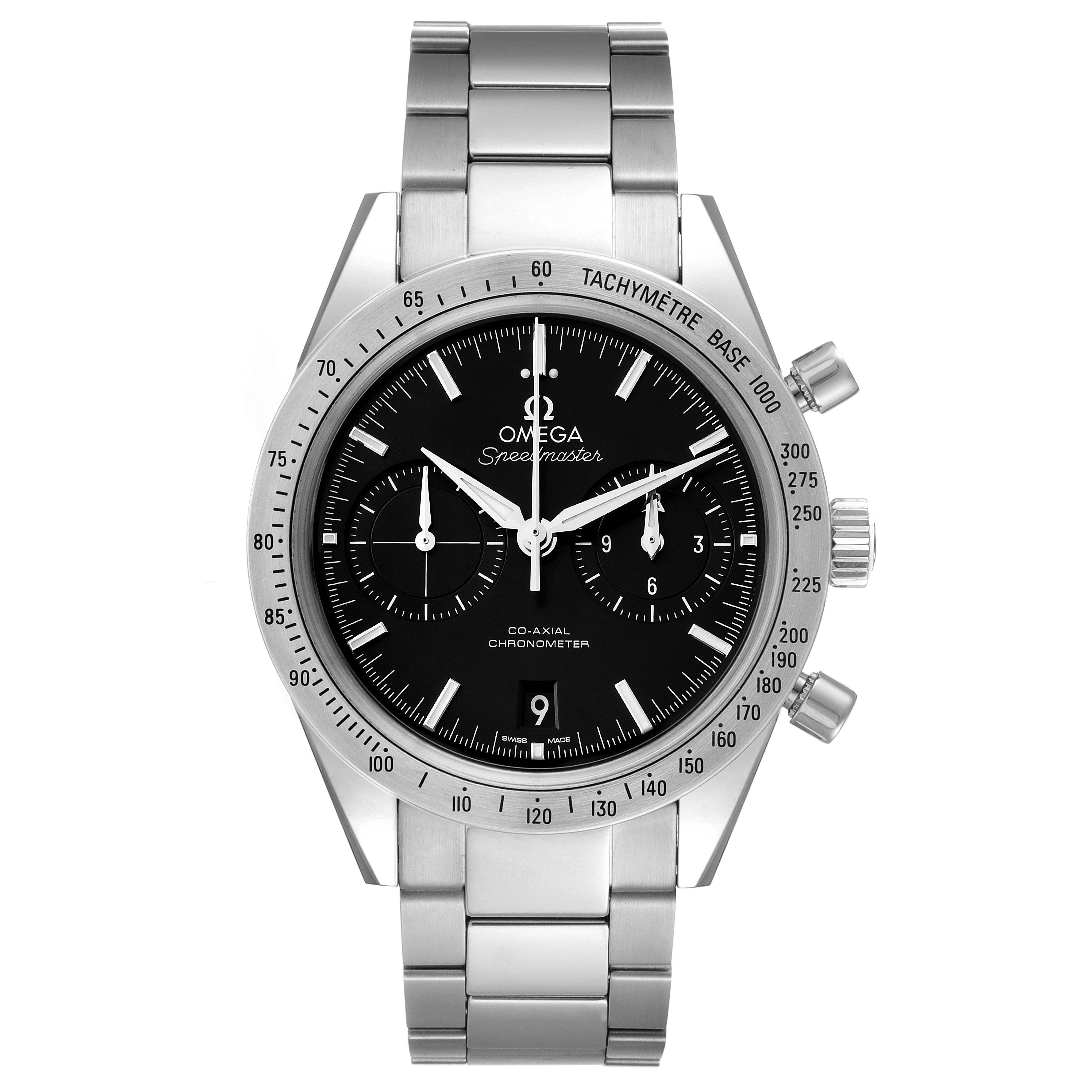 This image shows a front view of an Omega Speedmaster 331.10.42.51.01.001 Men's Stainless Steel Black Dial 331.10.42.51.01.001 Men's Stainless Steel Black Dial watch, highlighting its face, bezel, and metal bracelet.