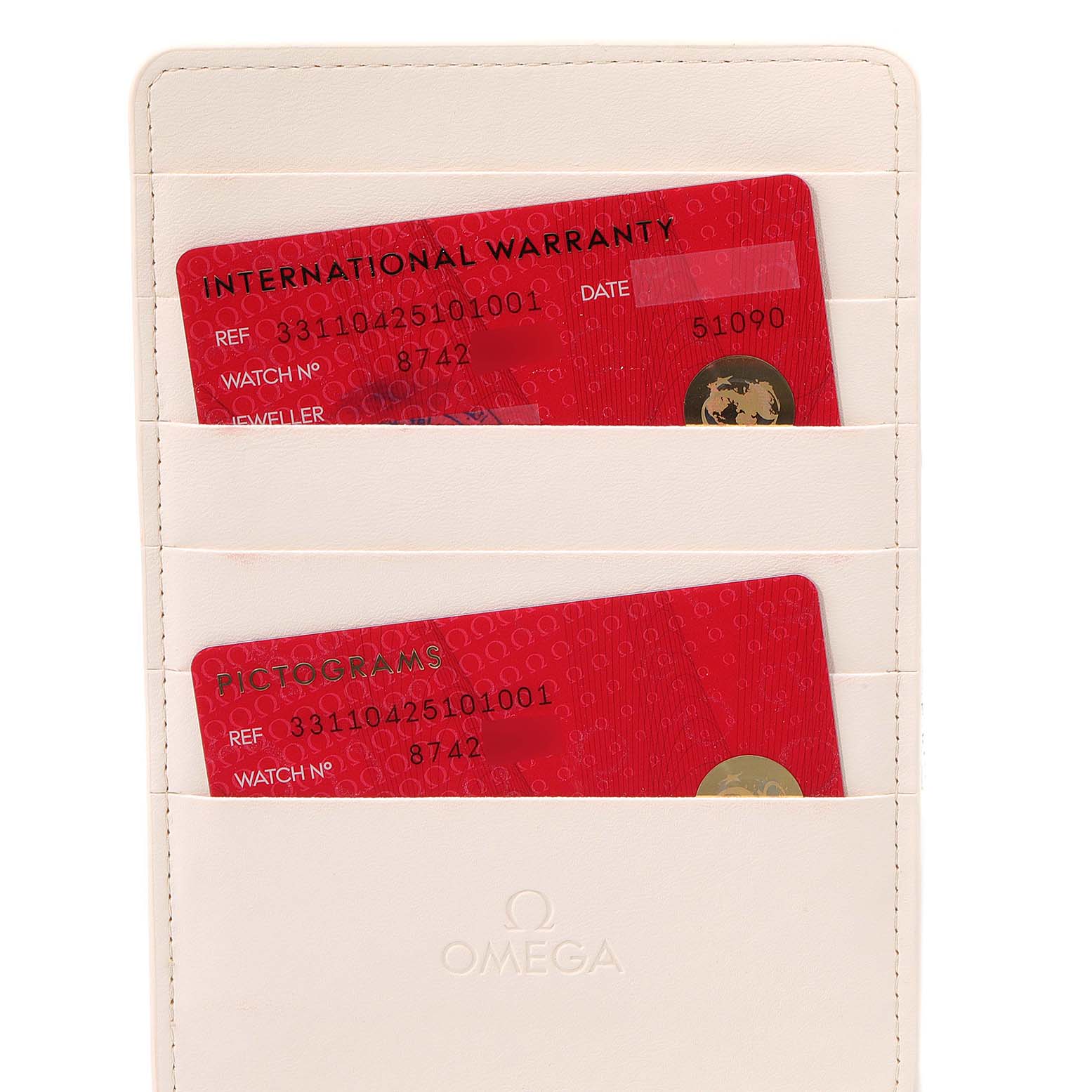 The image shows the international warranty and pictograms cards for an Omega Speedmaster 331.10.42.51.01.001 Men's Stainless Steel Black Dial 331.10.42.51.01.001 Men's Stainless Steel Black Dial in a cream-colored card holder.