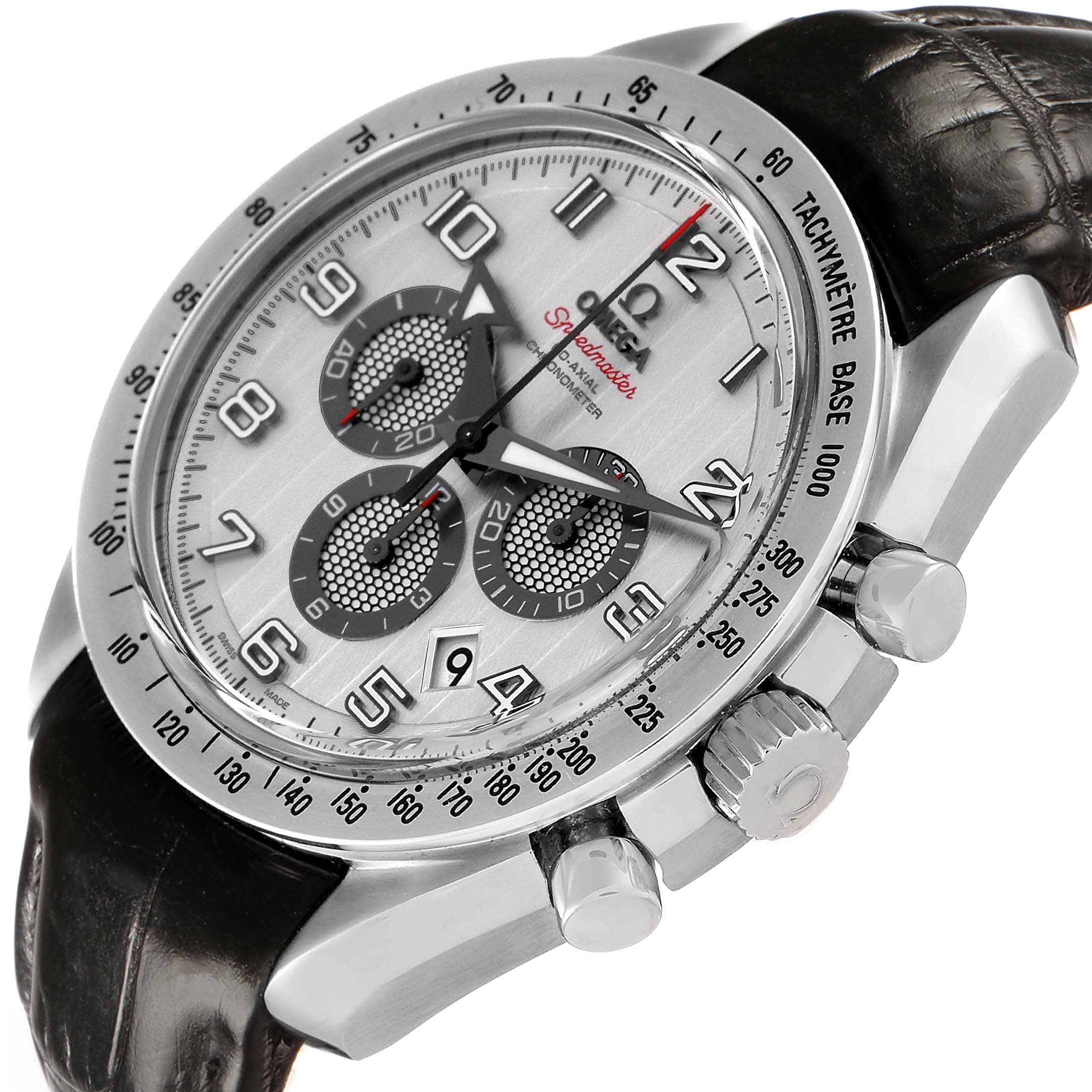 The Omega Speedmaster 321.13.44.50.02.001 Men's Stainless Steel Silver Dial model is shown at a slight angle, highlighting the dial, bezel, pushers, and crown.